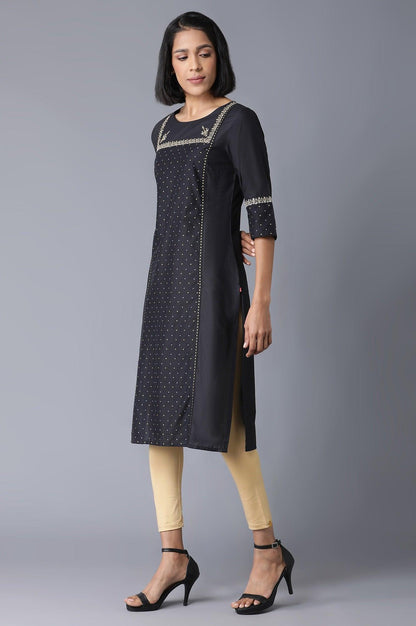 Black Polka Dots Printed Straight kurta - wforwoman