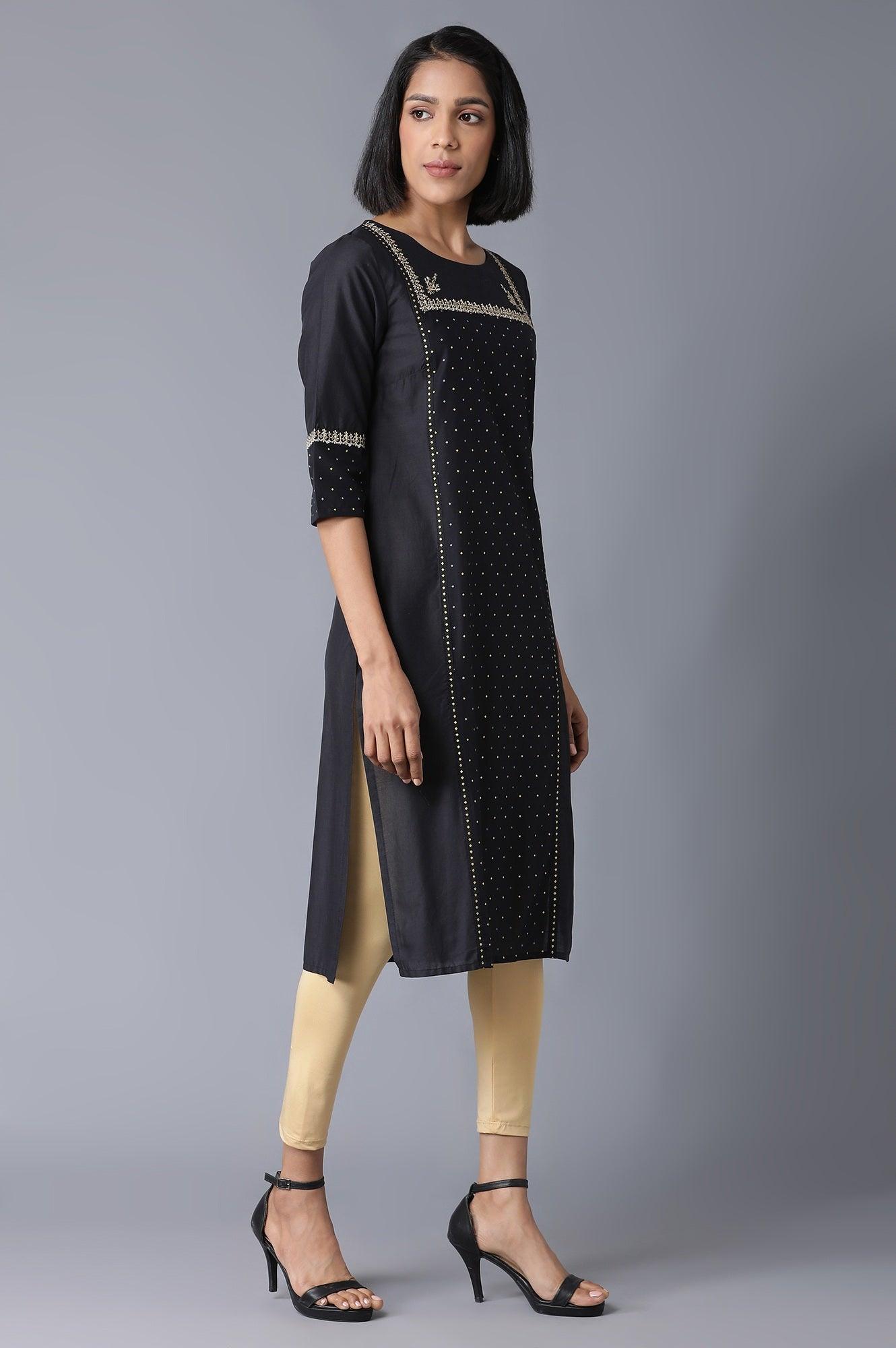 Black Polka Dots Printed Straight kurta - wforwoman