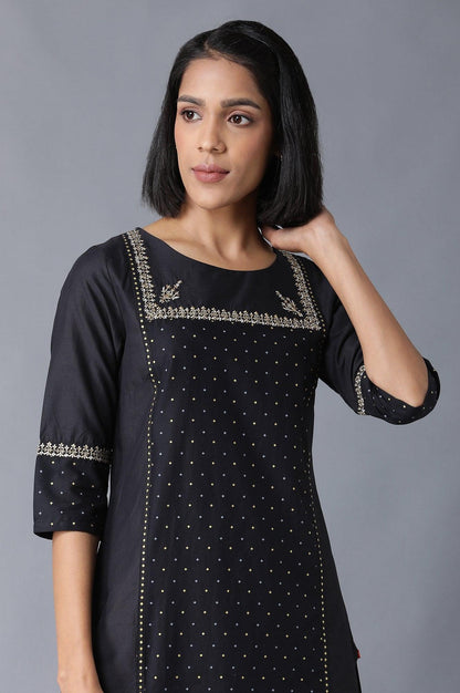 Black Polka Dots Printed Straight kurta - wforwoman