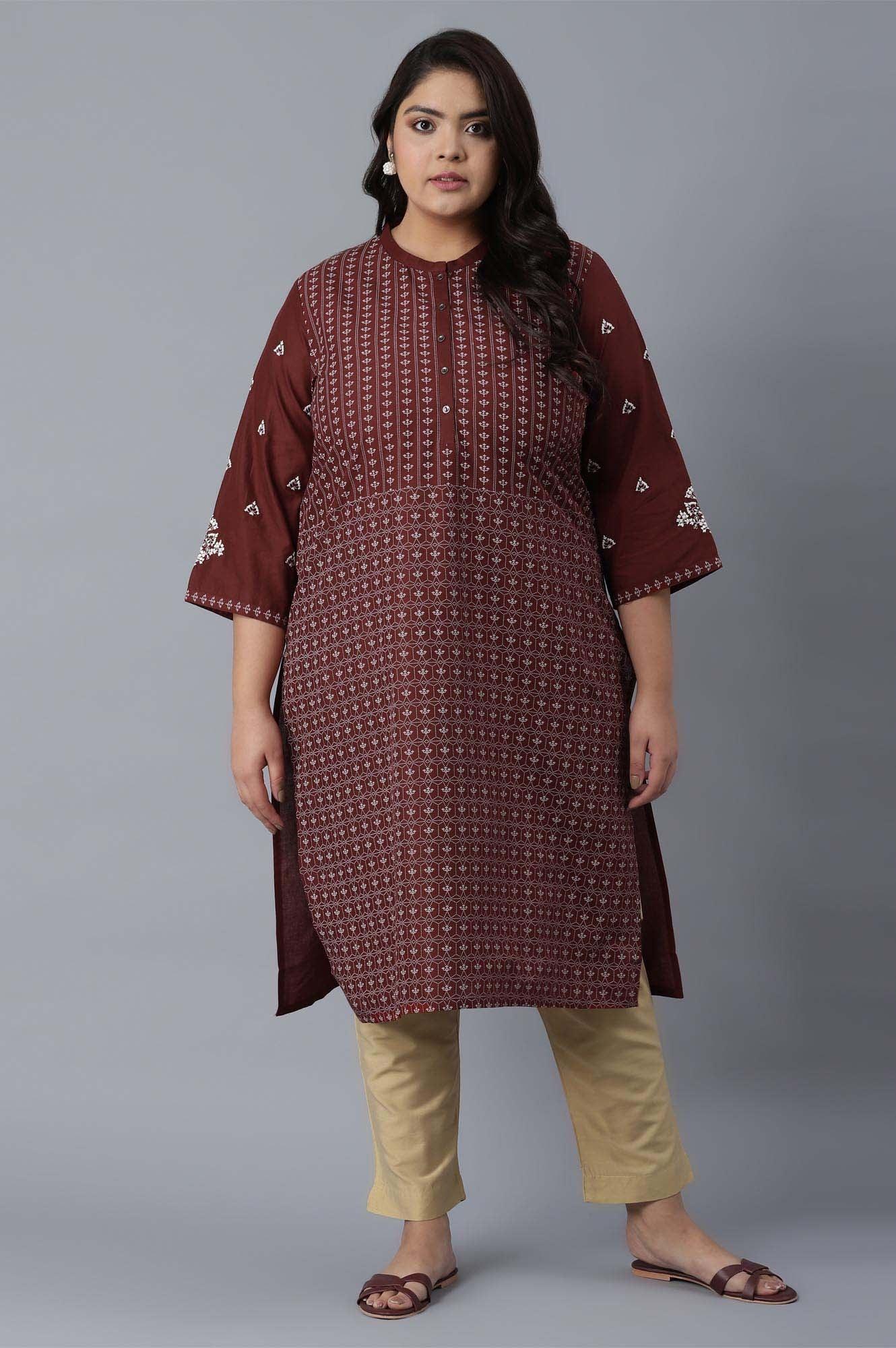 Brick Red Printed Straight kurta - wforwoman