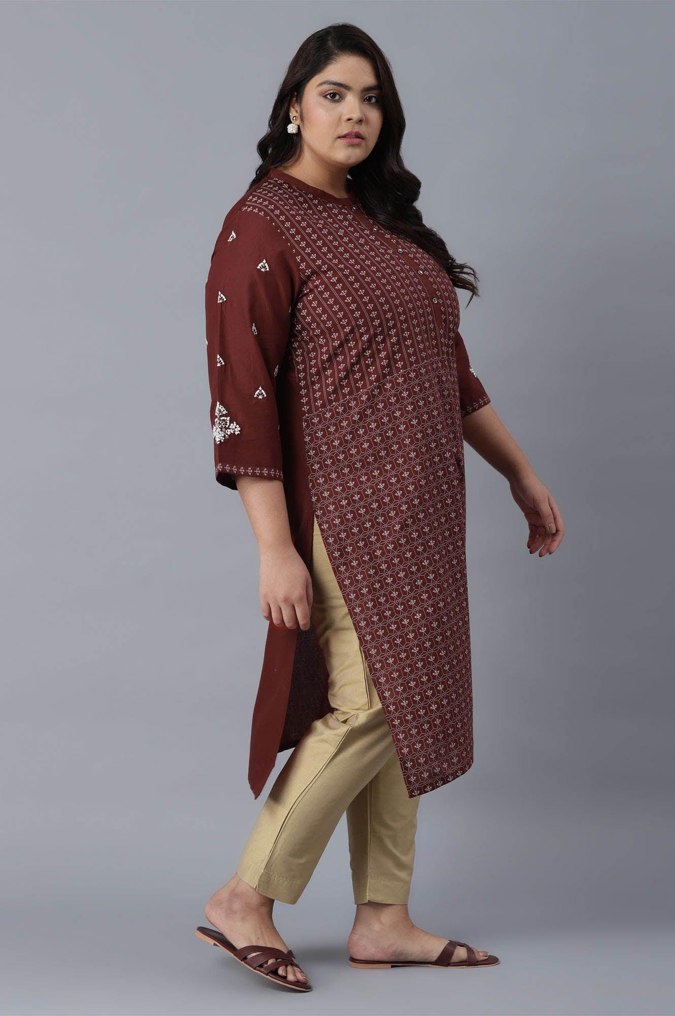 Brick Red Printed Straight kurta - wforwoman