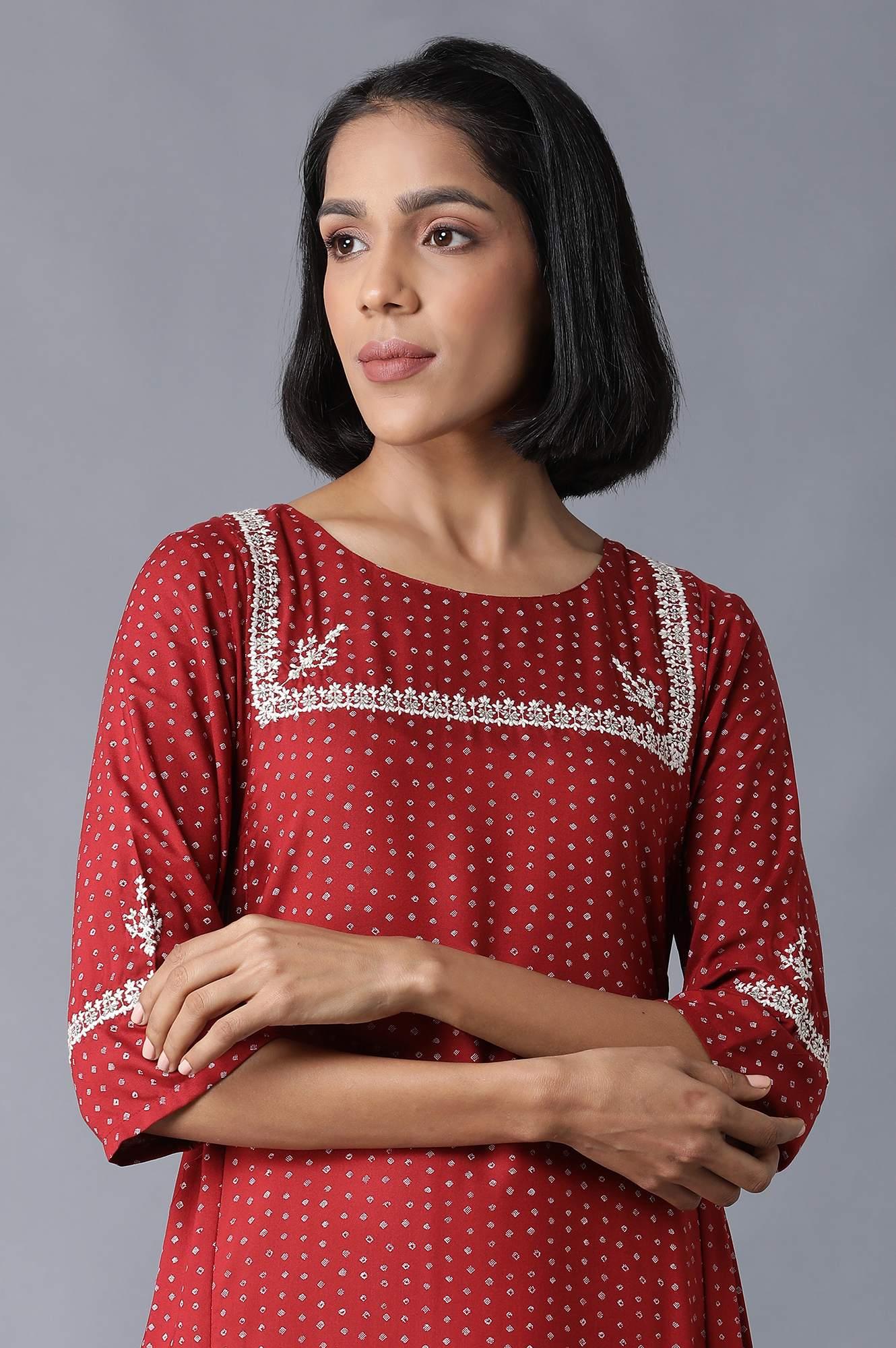 Brick Red Gathered kurta - wforwoman