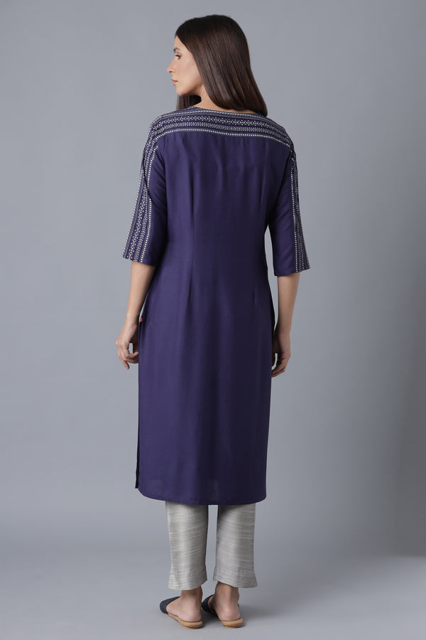 Blue Embroidered Straight kurta