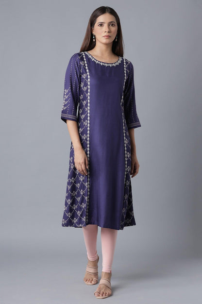 Navy Blue kurta with Embroidery - wforwoman