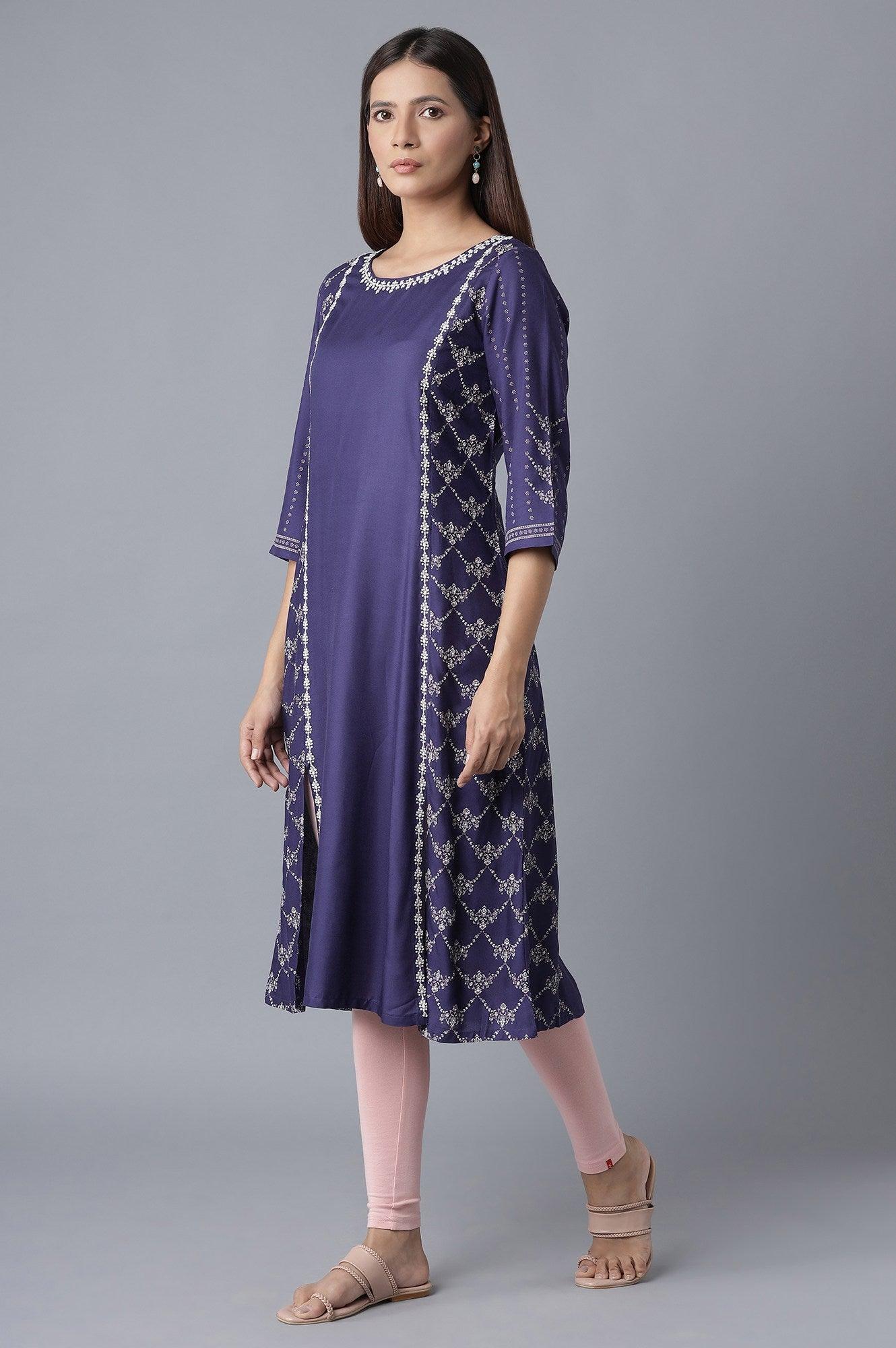 Navy Blue kurta with Embroidery - wforwoman