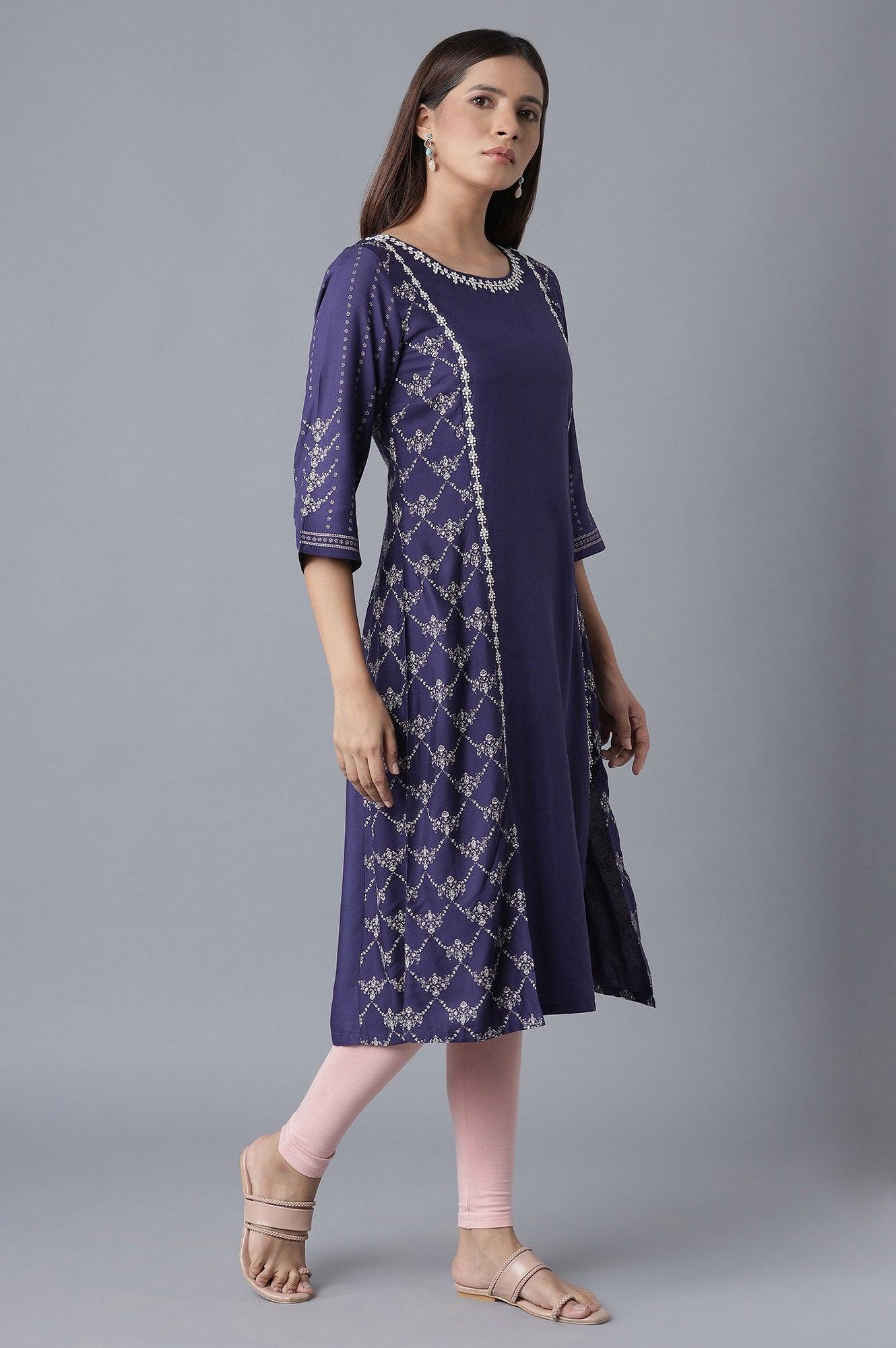 Navy Blue kurta with Embroidery - wforwoman