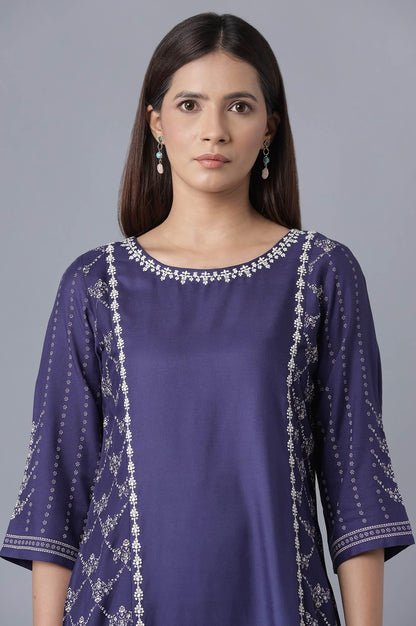Navy Blue kurta with Embroidery - wforwoman