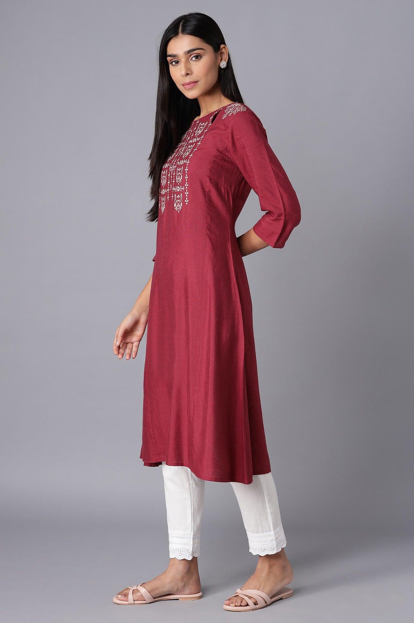 Maroon A-line kurta with Embroidery - wforwoman