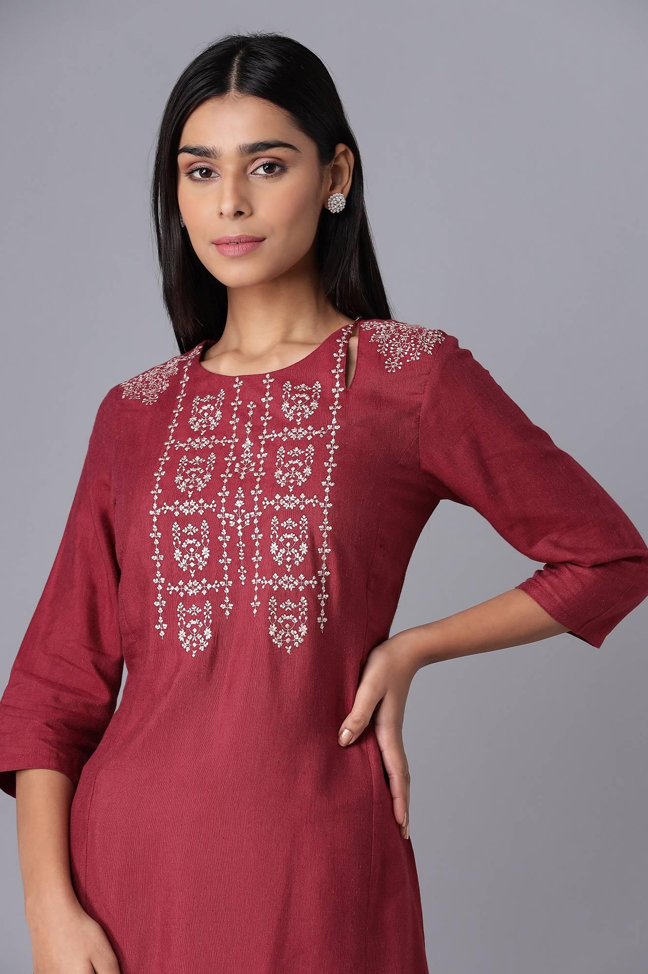 Maroon A-line kurta with Embroidery - wforwoman