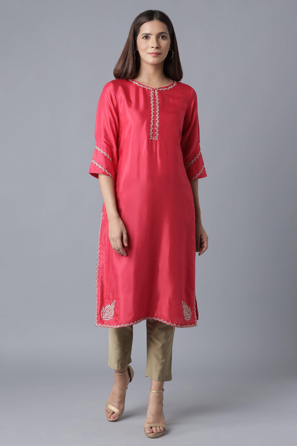 Rasberry Red Solid Festive Straight kurta - XS