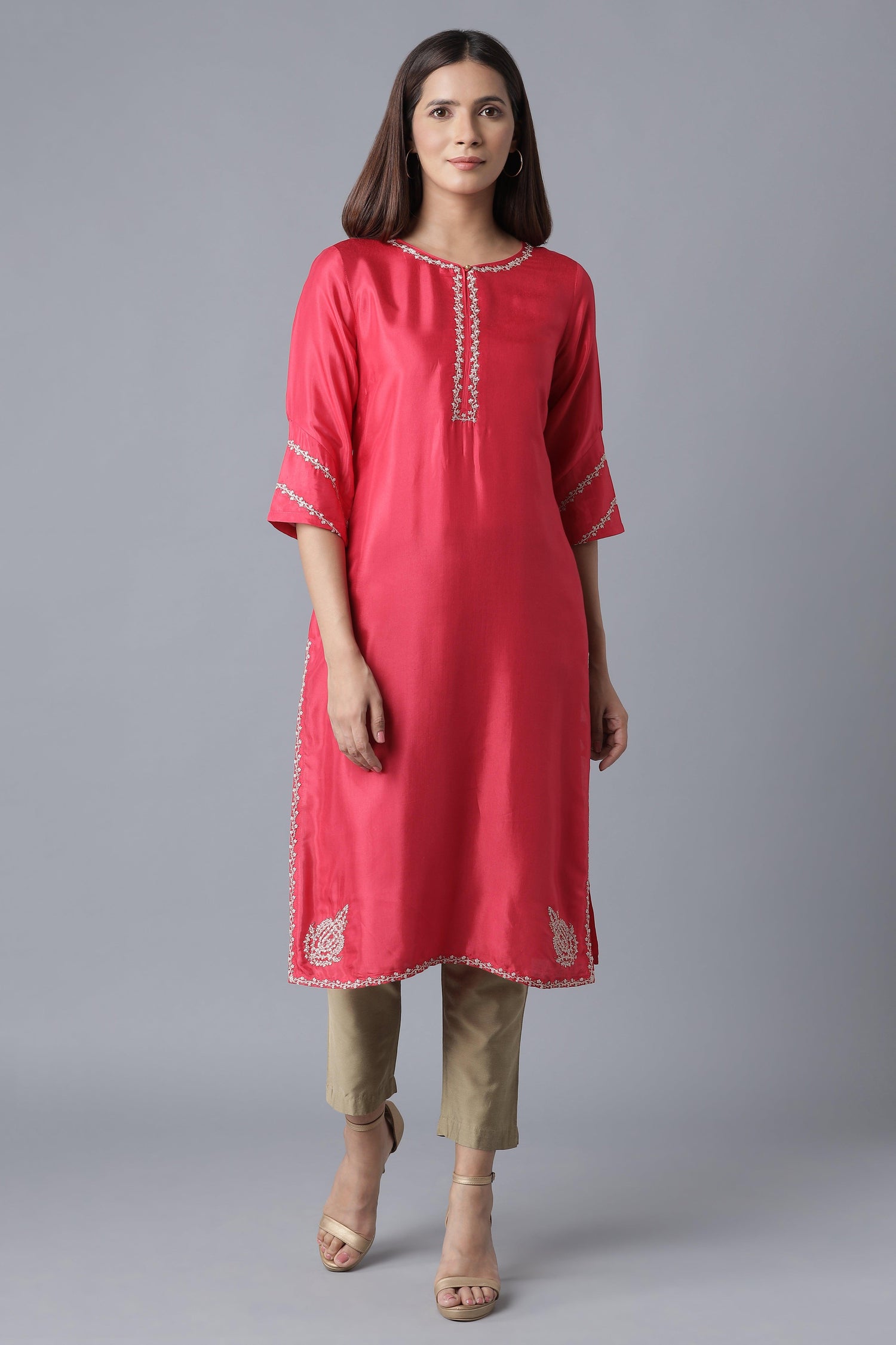 Rasberry Red Solid Festive Straight kurta - wforwoman