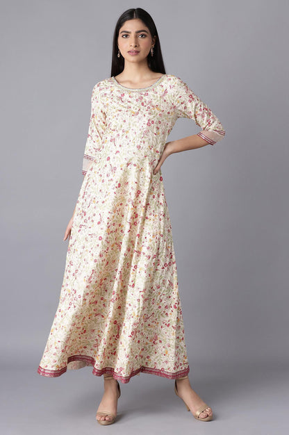 Ecru Printed Dress with Embroidery - wforwoman