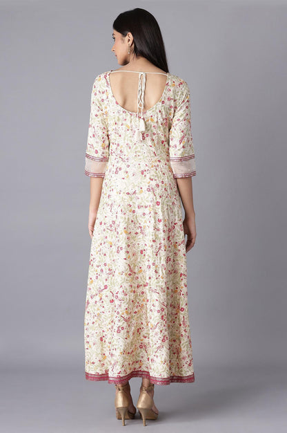 Ecru Printed Dress with Embroidery - wforwoman
