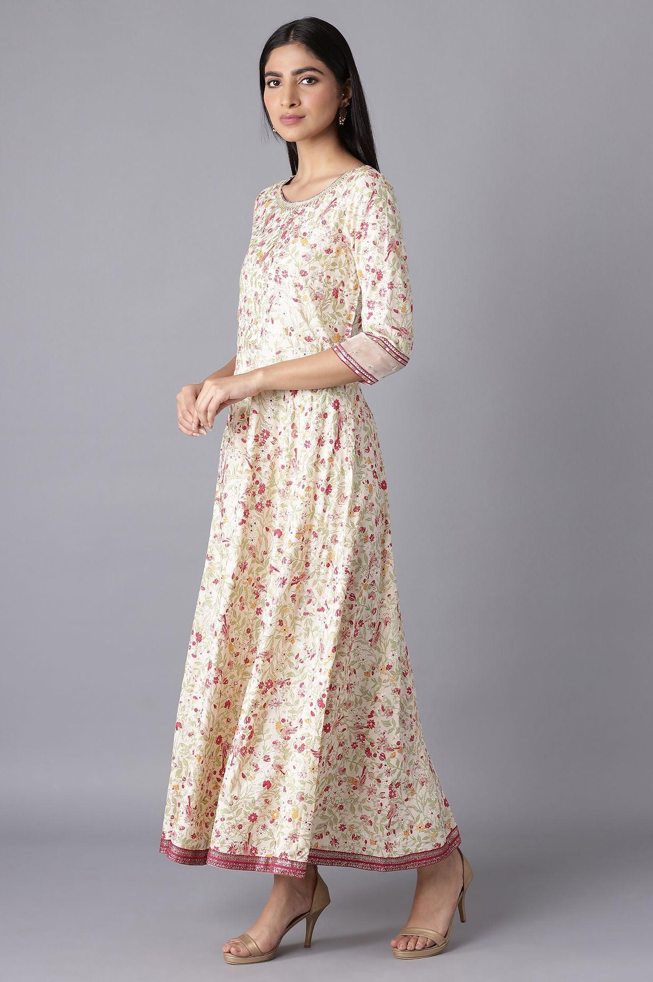 Ecru Printed Dress with Embroidery - wforwoman