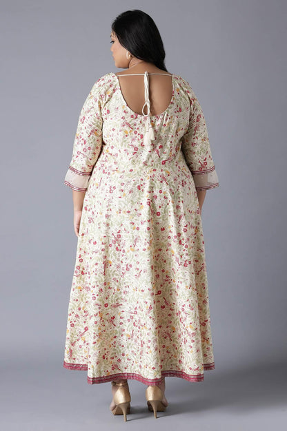 Ecru Printed Dress with Embroidery - wforwoman