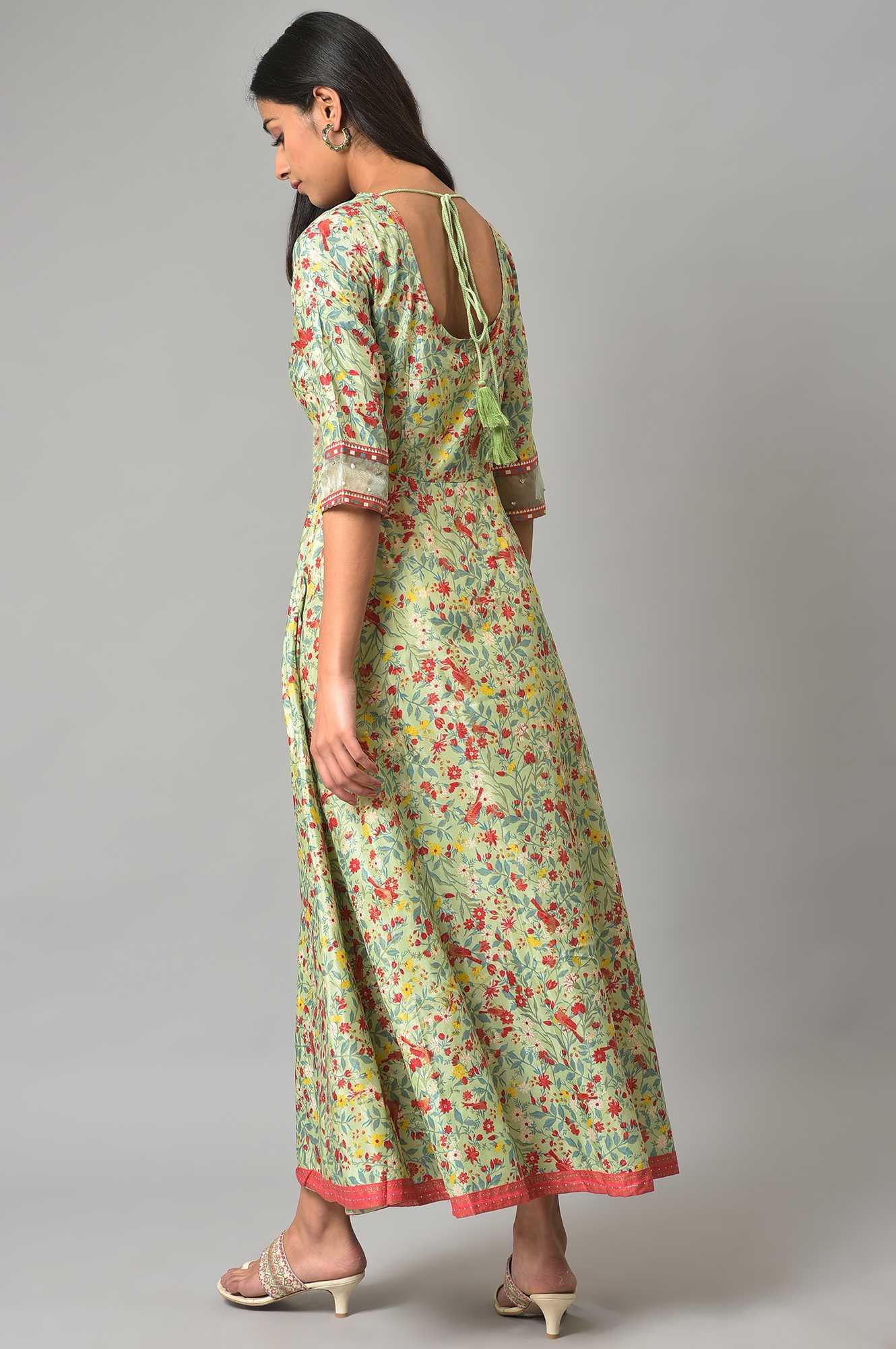 Light Green Embroidered Flared Dress - wforwoman