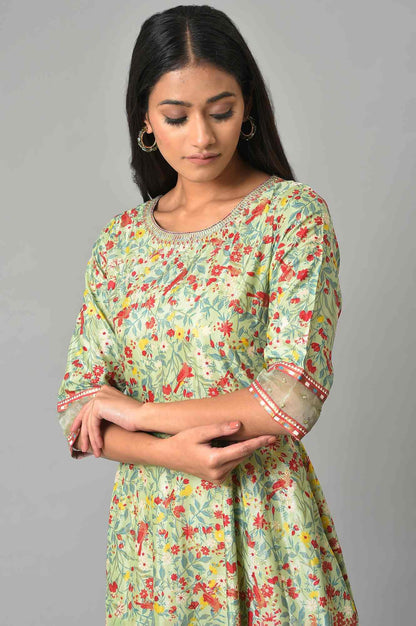 Light Green Embroidered Flared Dress - wforwoman