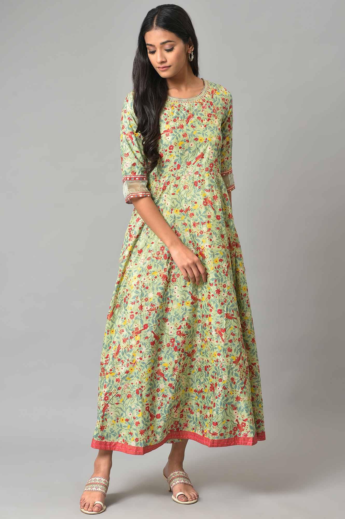 Light Green Embroidered Flared Dress - wforwoman