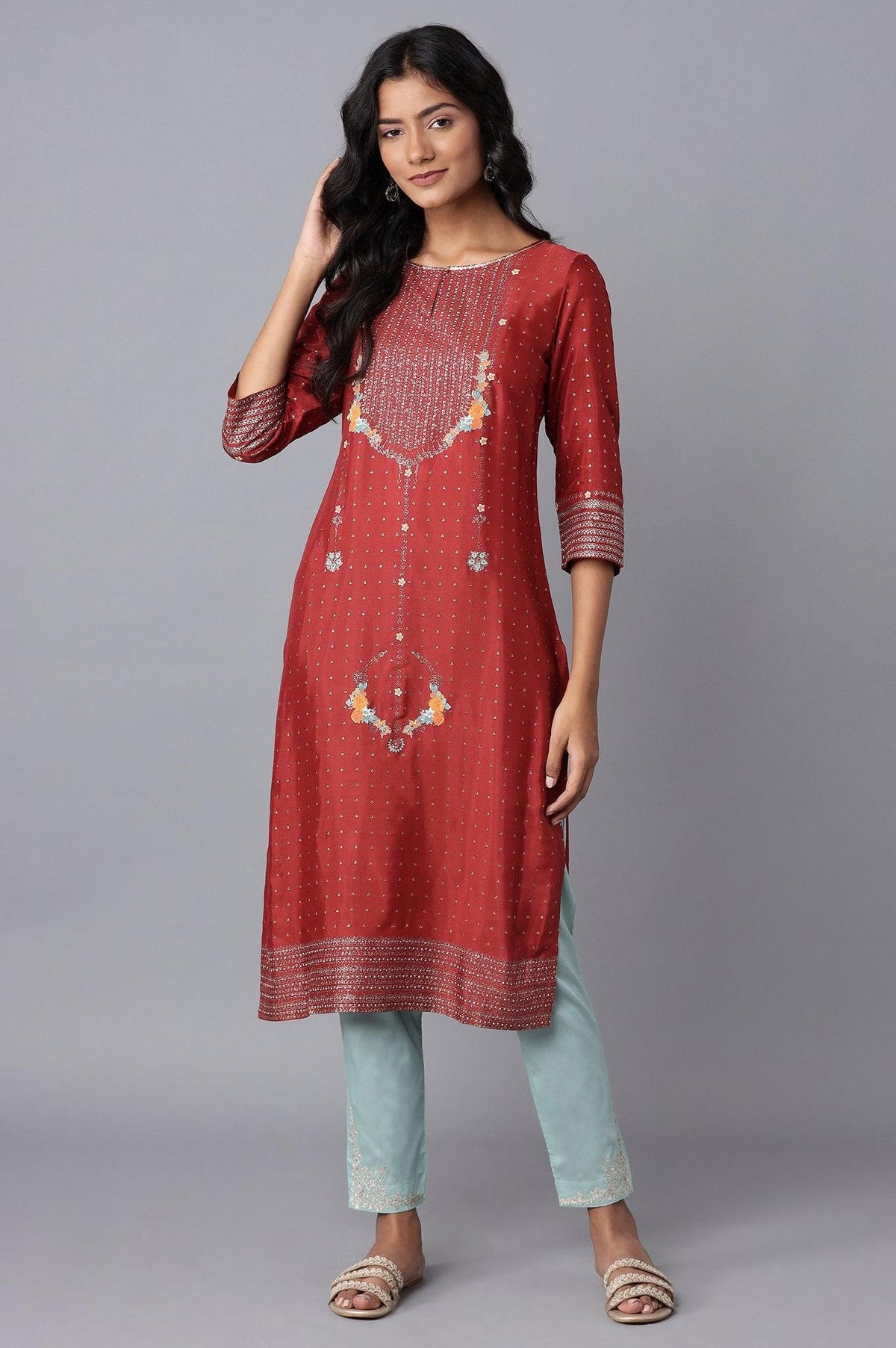 Rust Red Floral Print kurta - XS