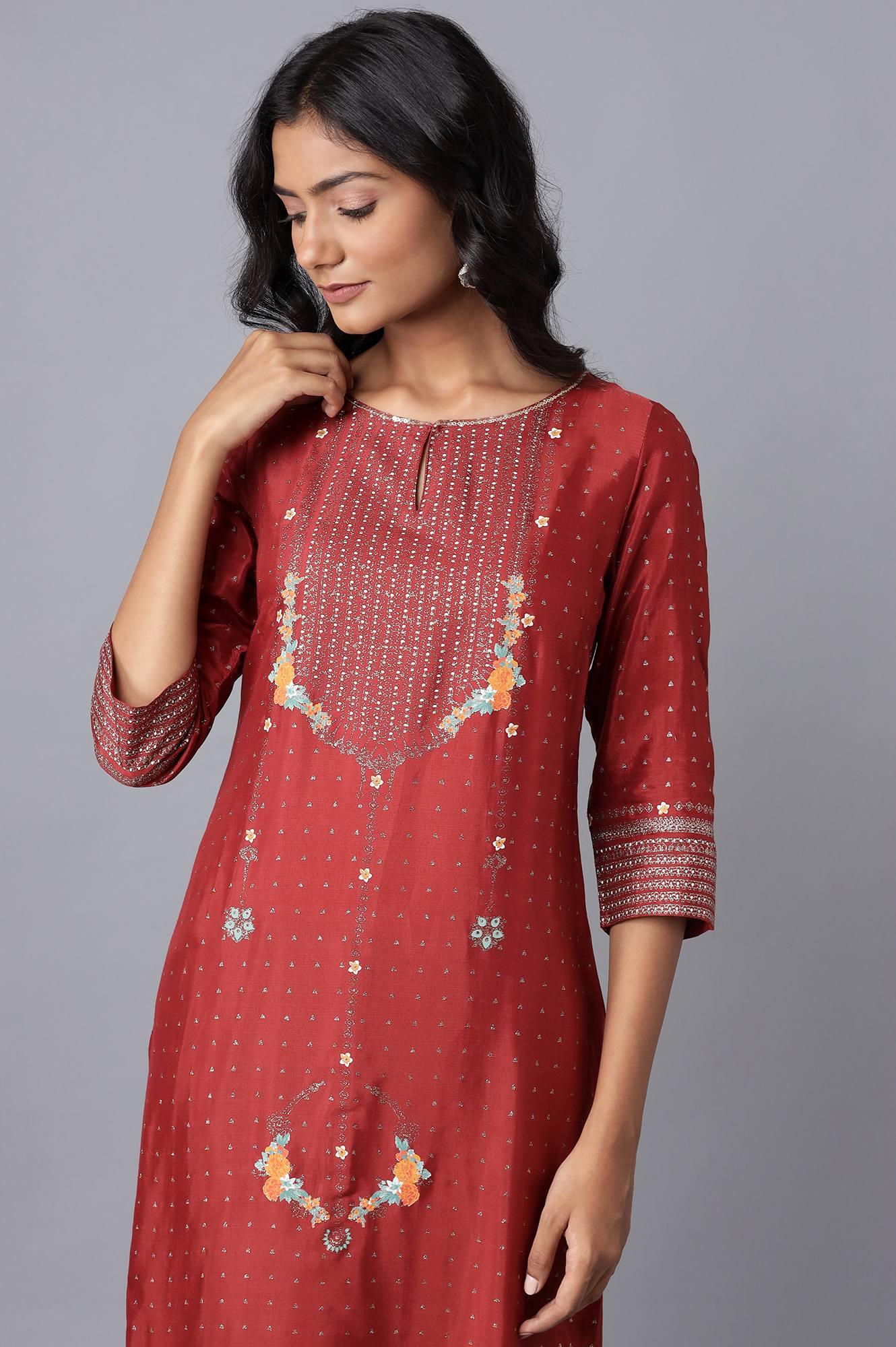 Rust Red Floral Print kurta - wforwoman