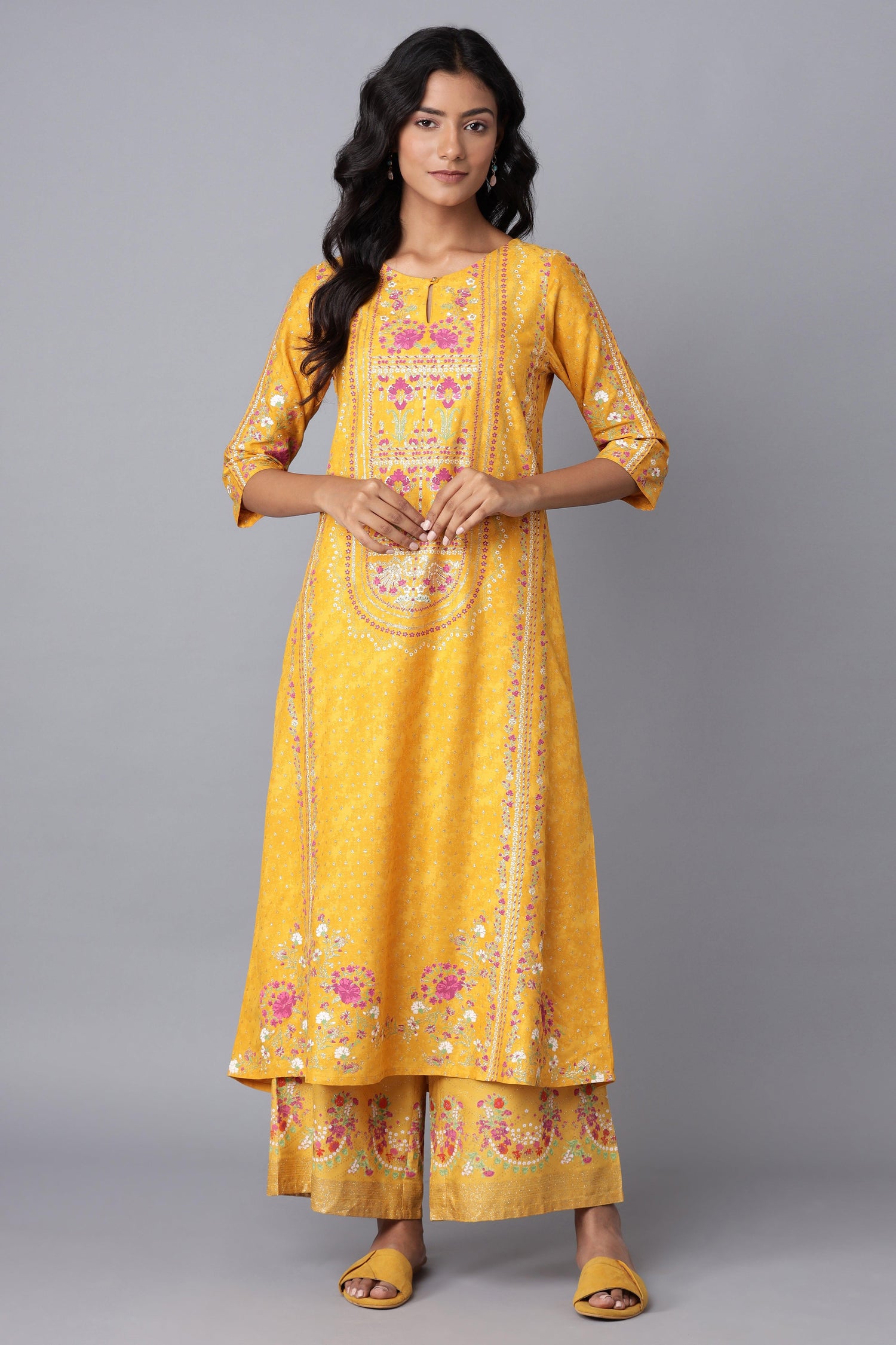 Yellow A-line Printed kurta - wforwoman