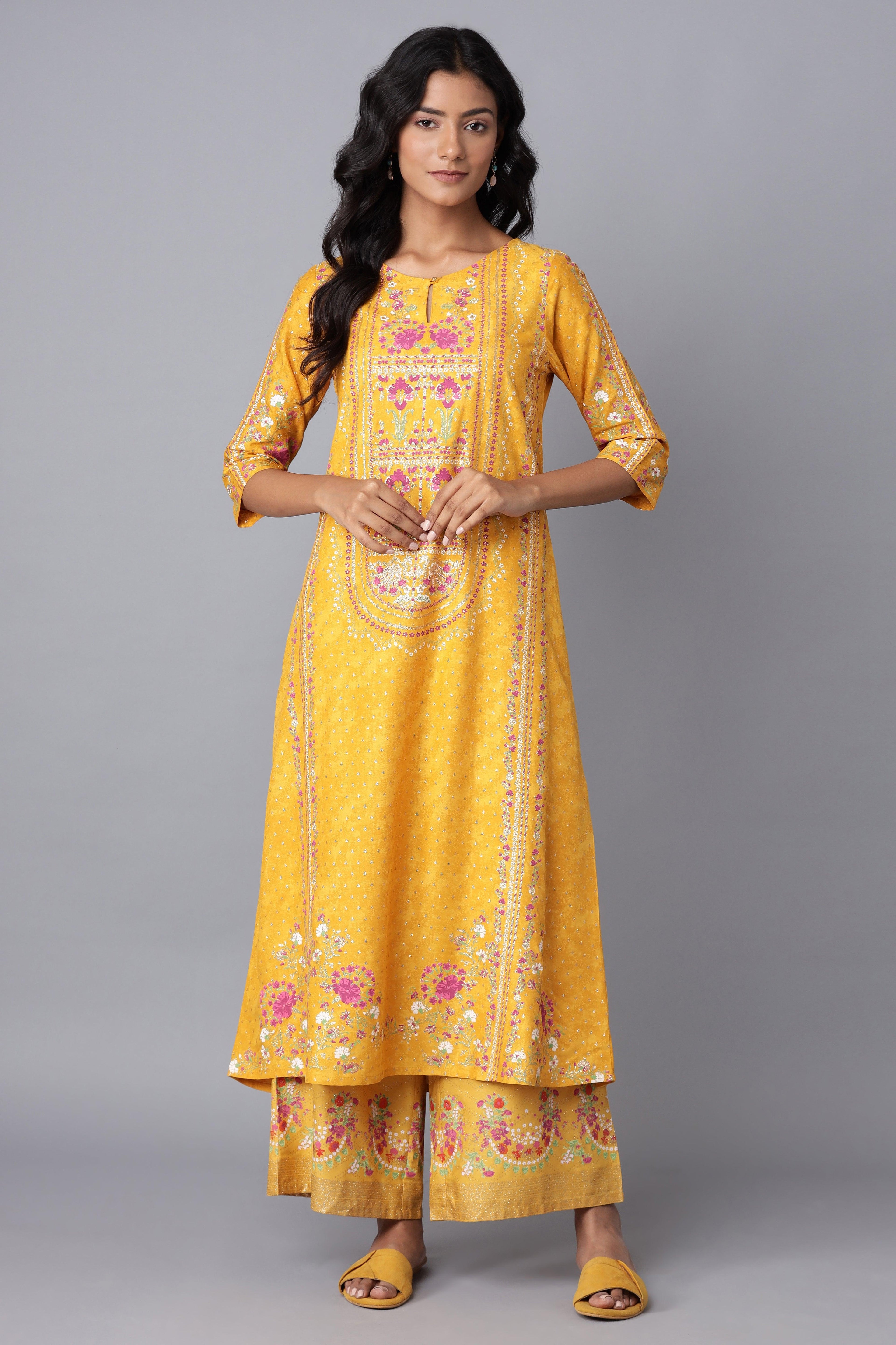 Yellow A-line Printed kurta - wforwoman