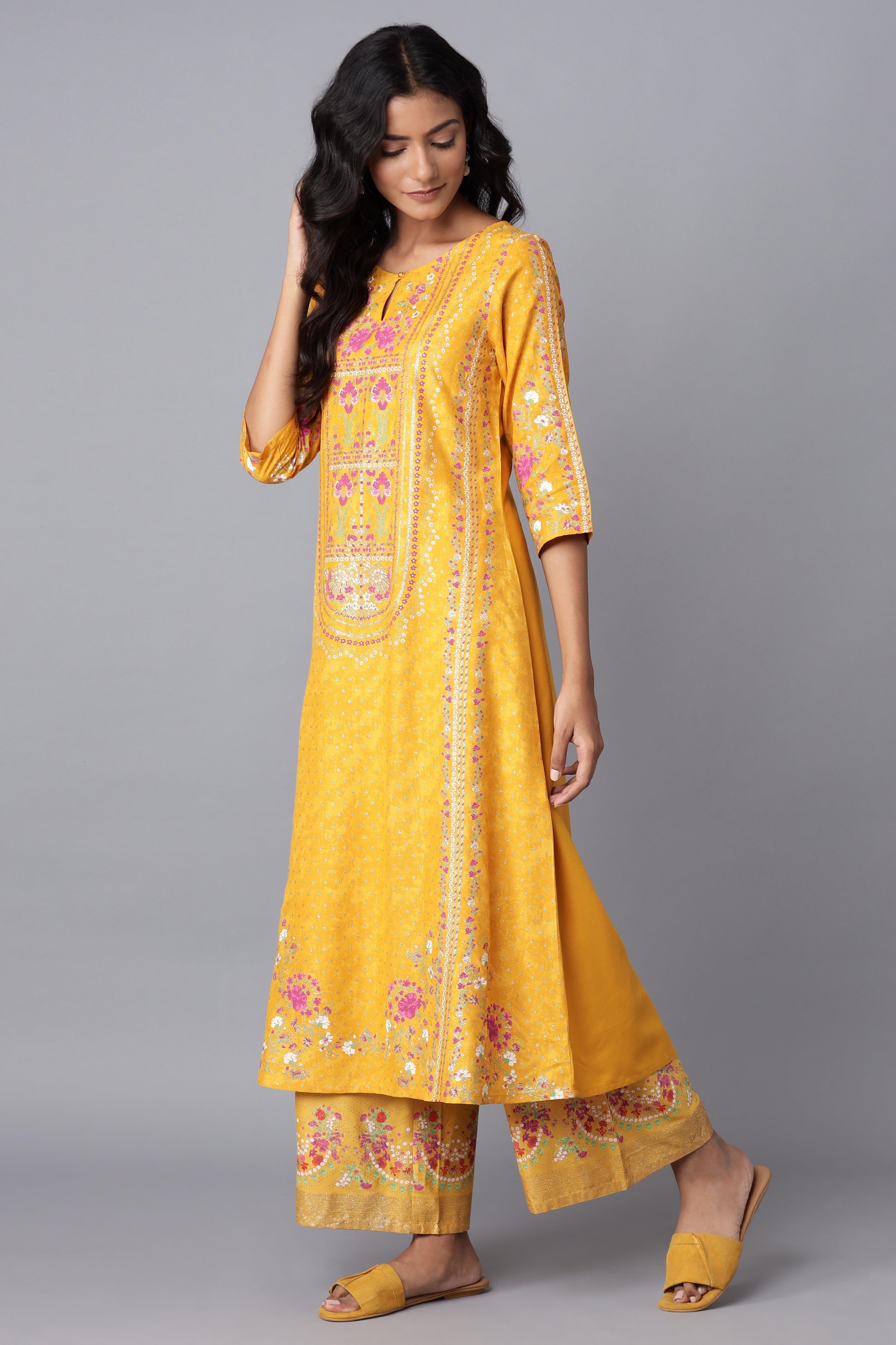 Yellow A-line Printed kurta - wforwoman