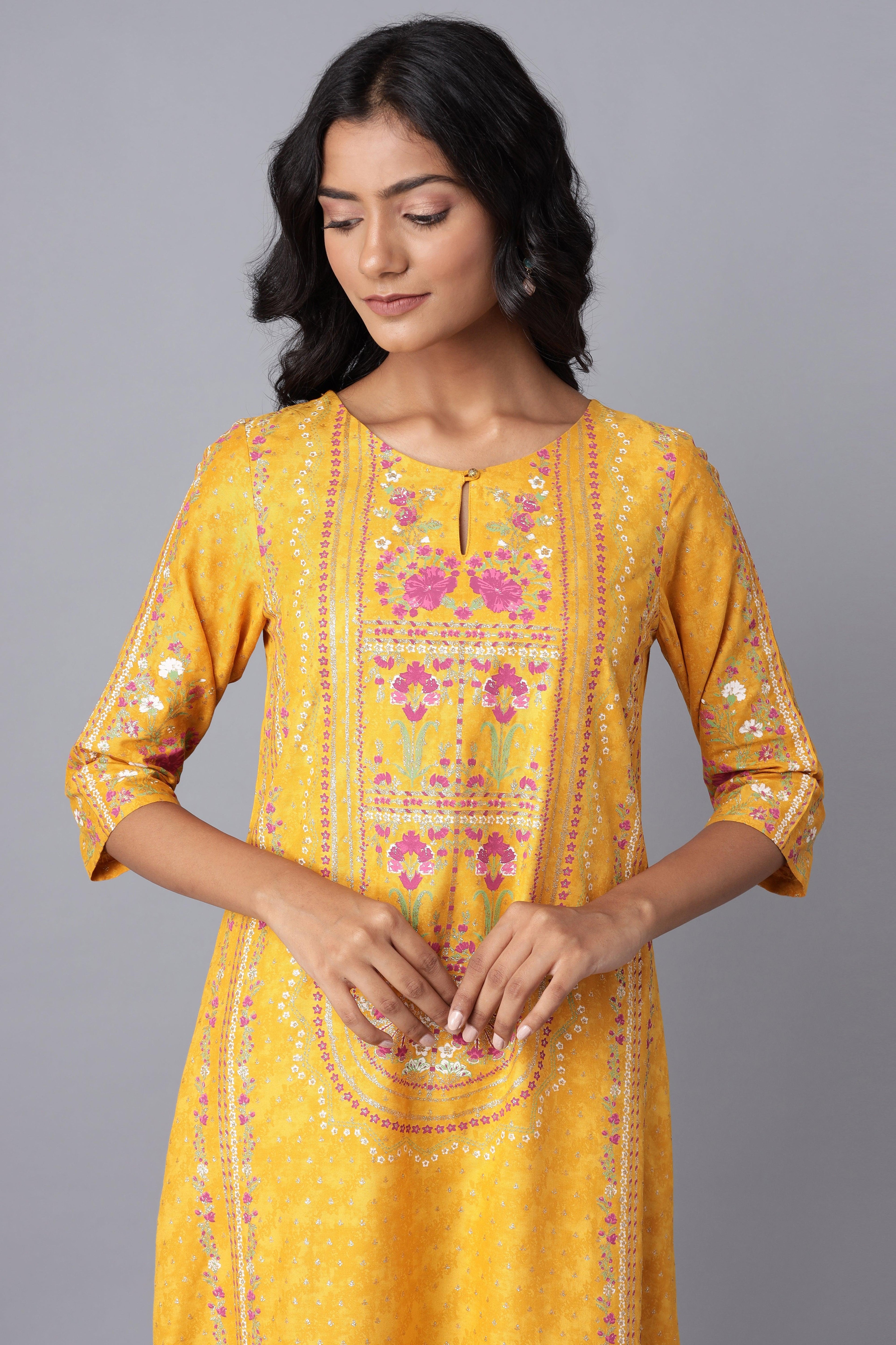 Yellow A-line Printed kurta - wforwoman