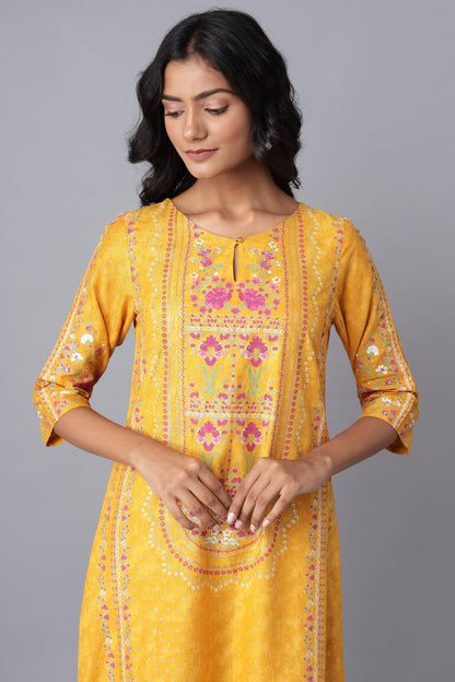 Yellow A-line Printed kurta - wforwoman