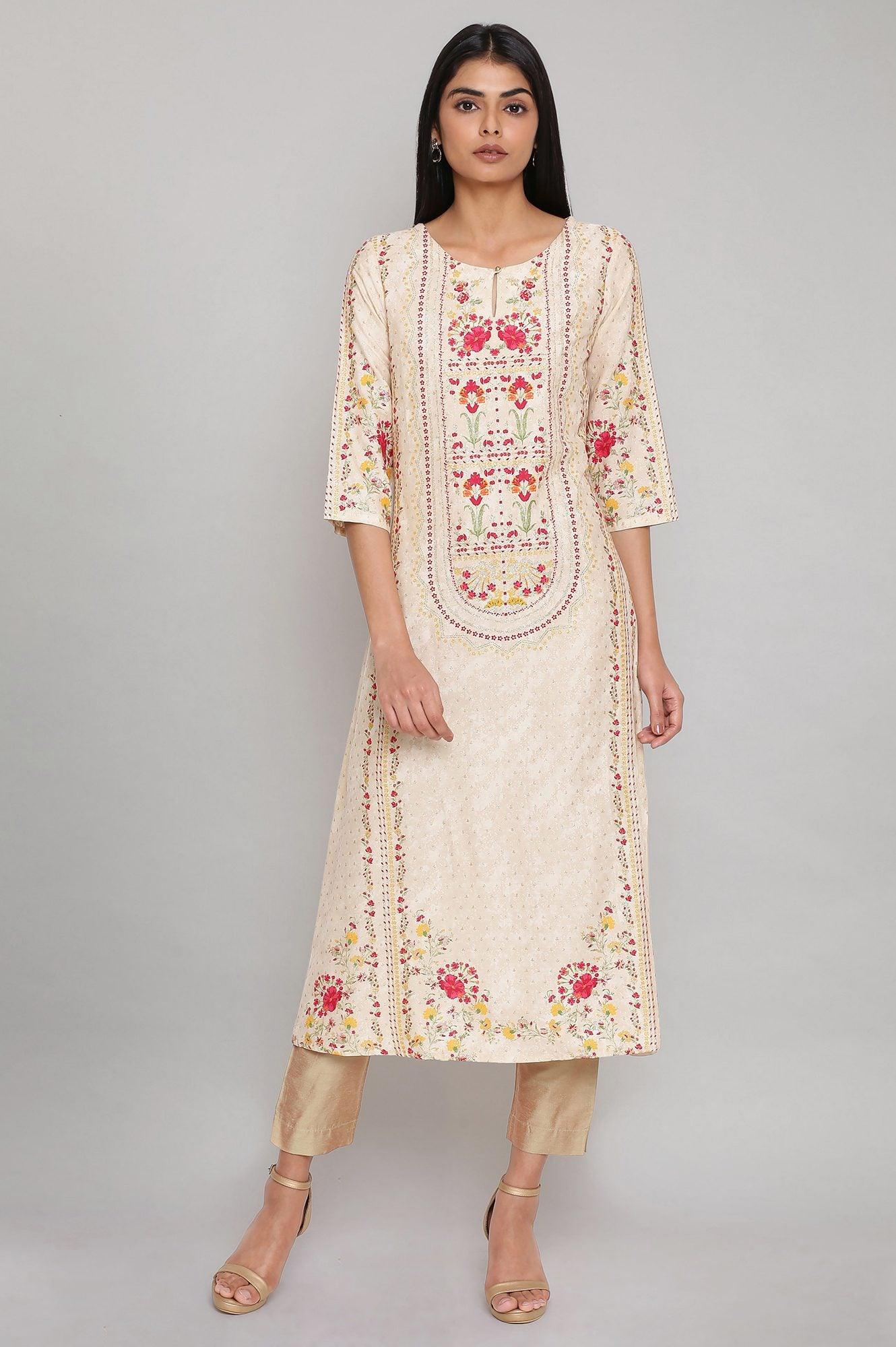 Ecru A-line Printed kurta - wforwoman
