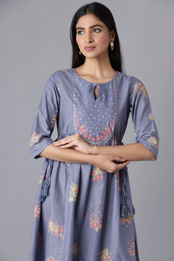 Blue Glitter Printed Midi Dress