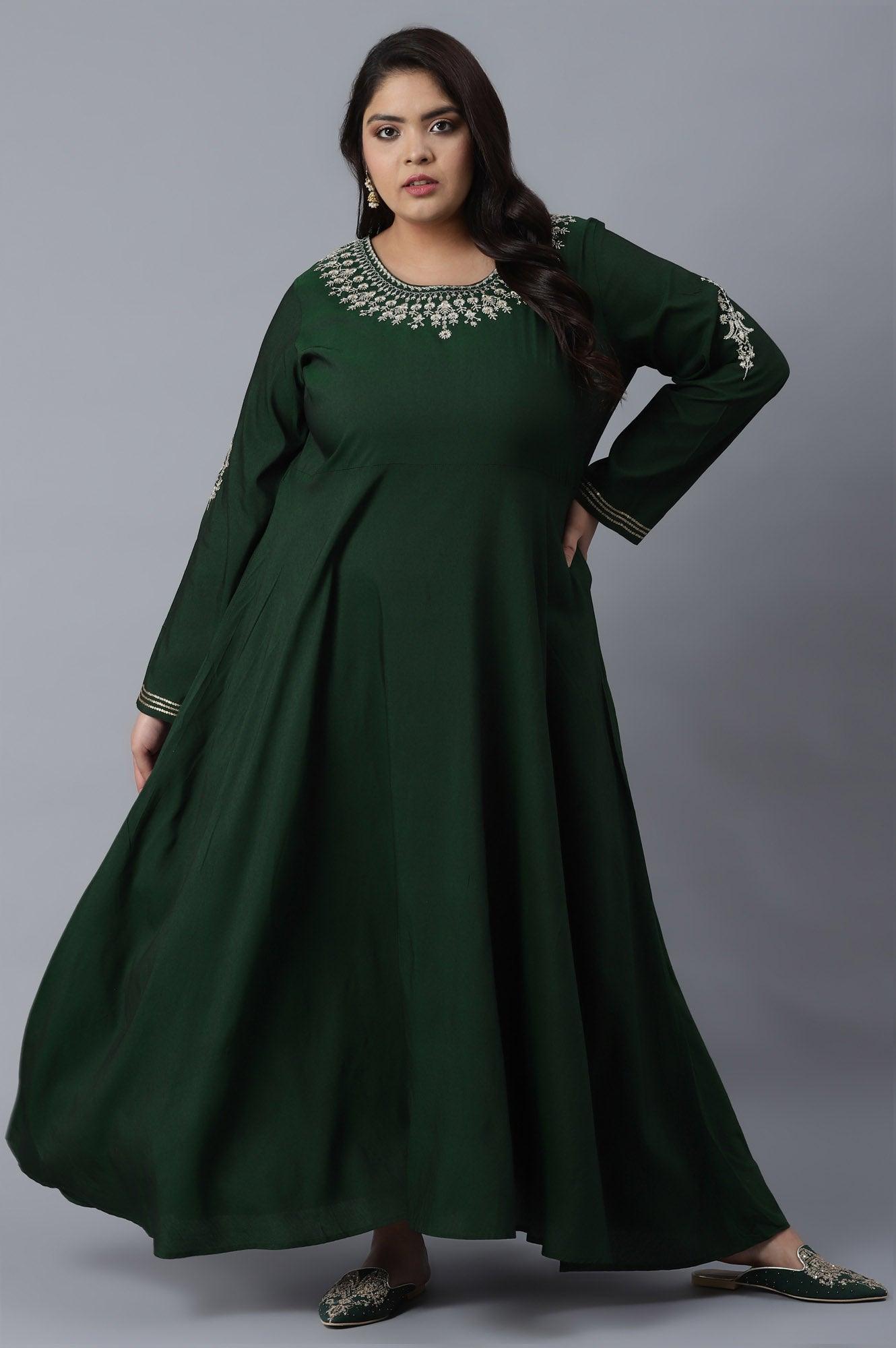 Bottle Green Dress with Embroidery - wforwoman