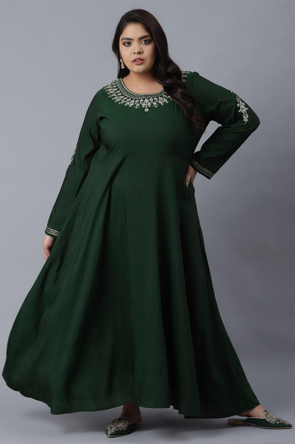 Bottle Green Dress with Embroidery - wforwoman