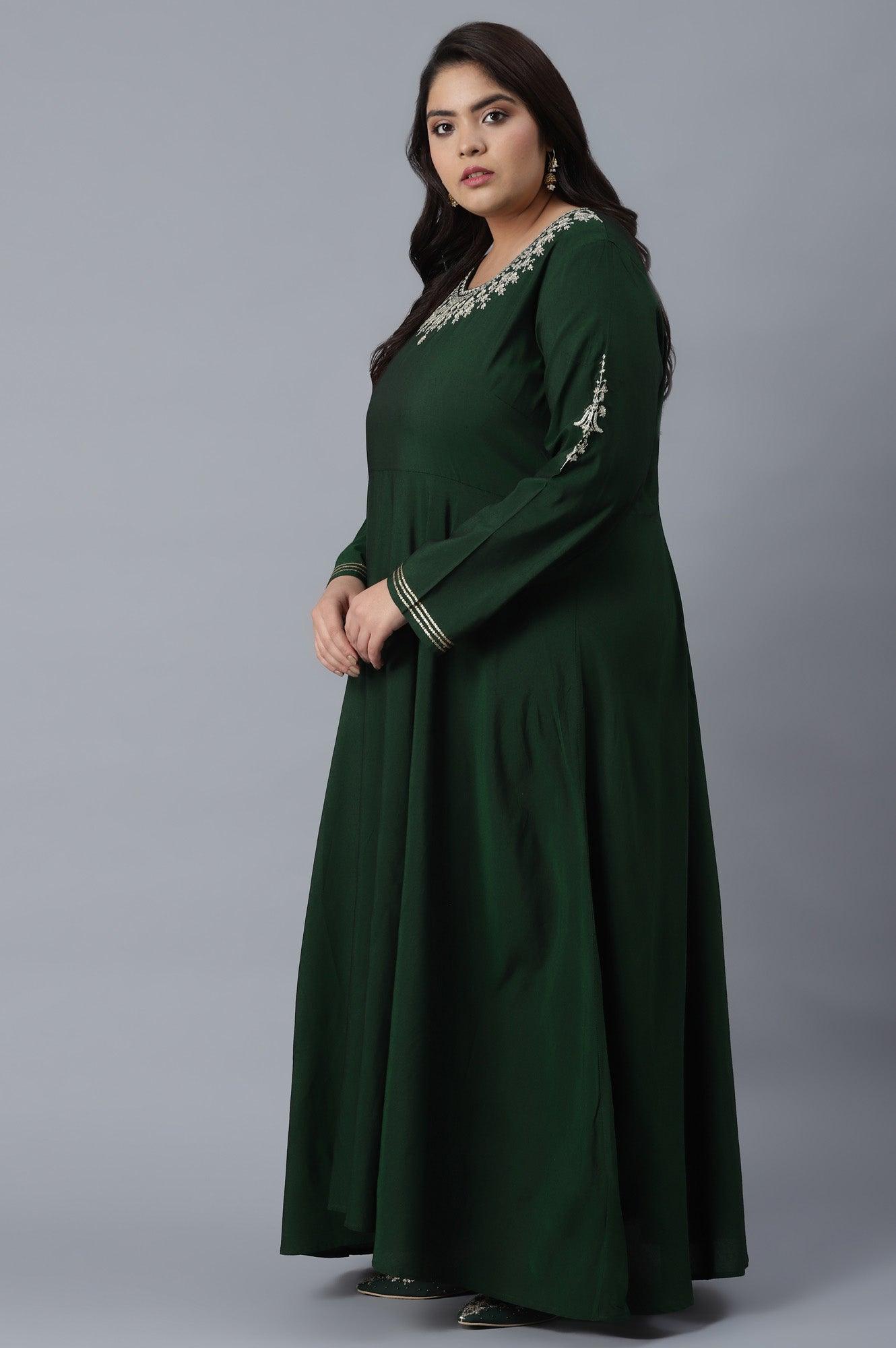 Bottle Green Dress with Embroidery - wforwoman