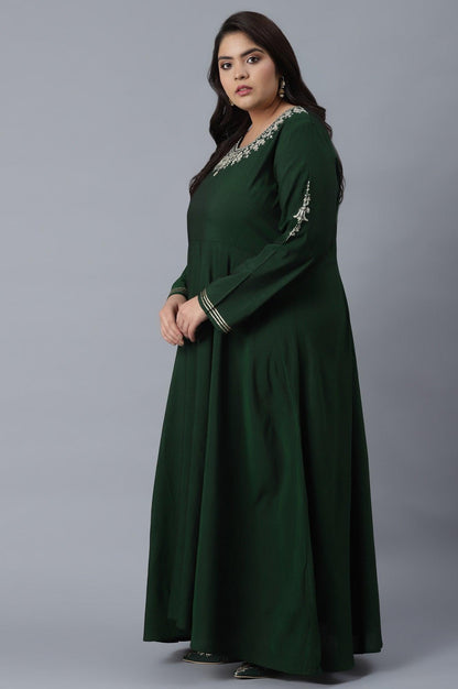 Bottle Green Dress with Embroidery - wforwoman