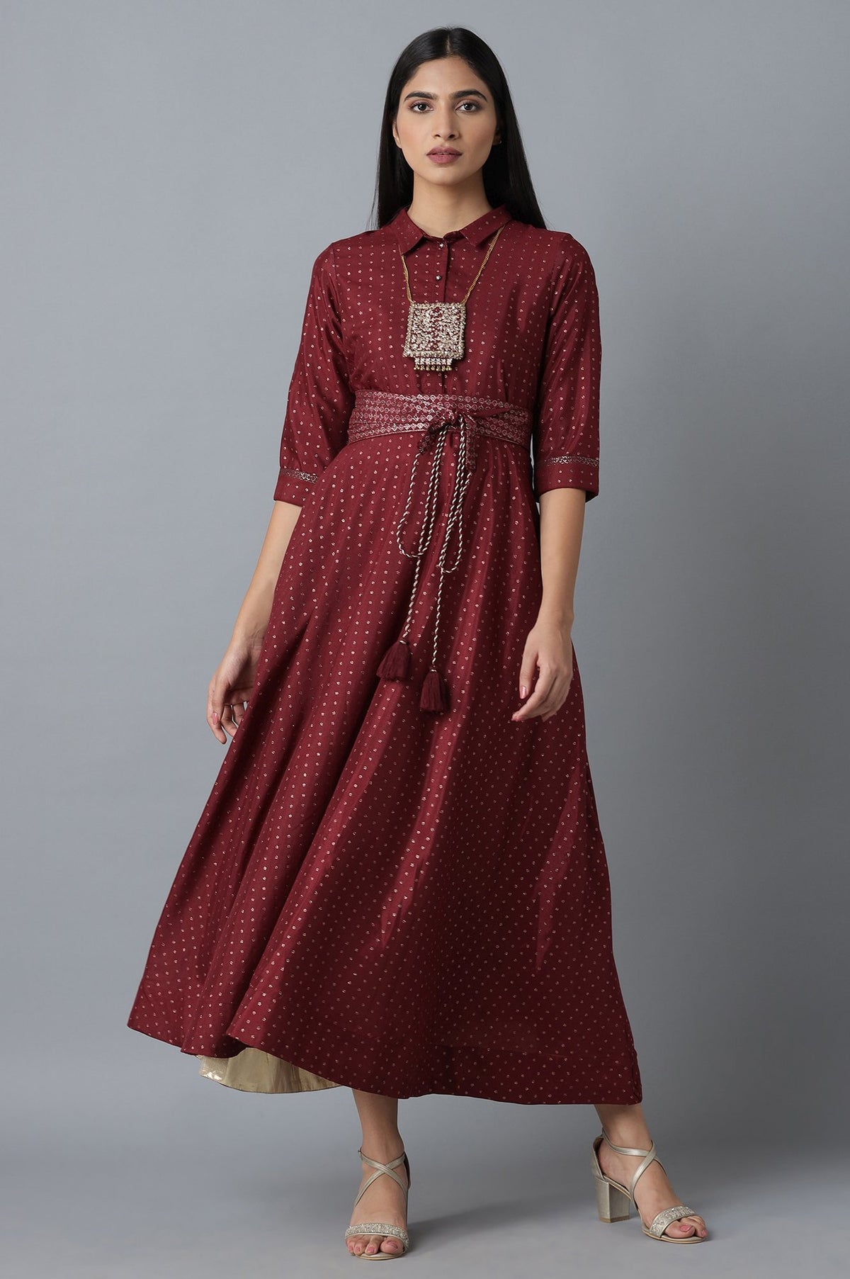 Maroon Dress in Polka Print - XS