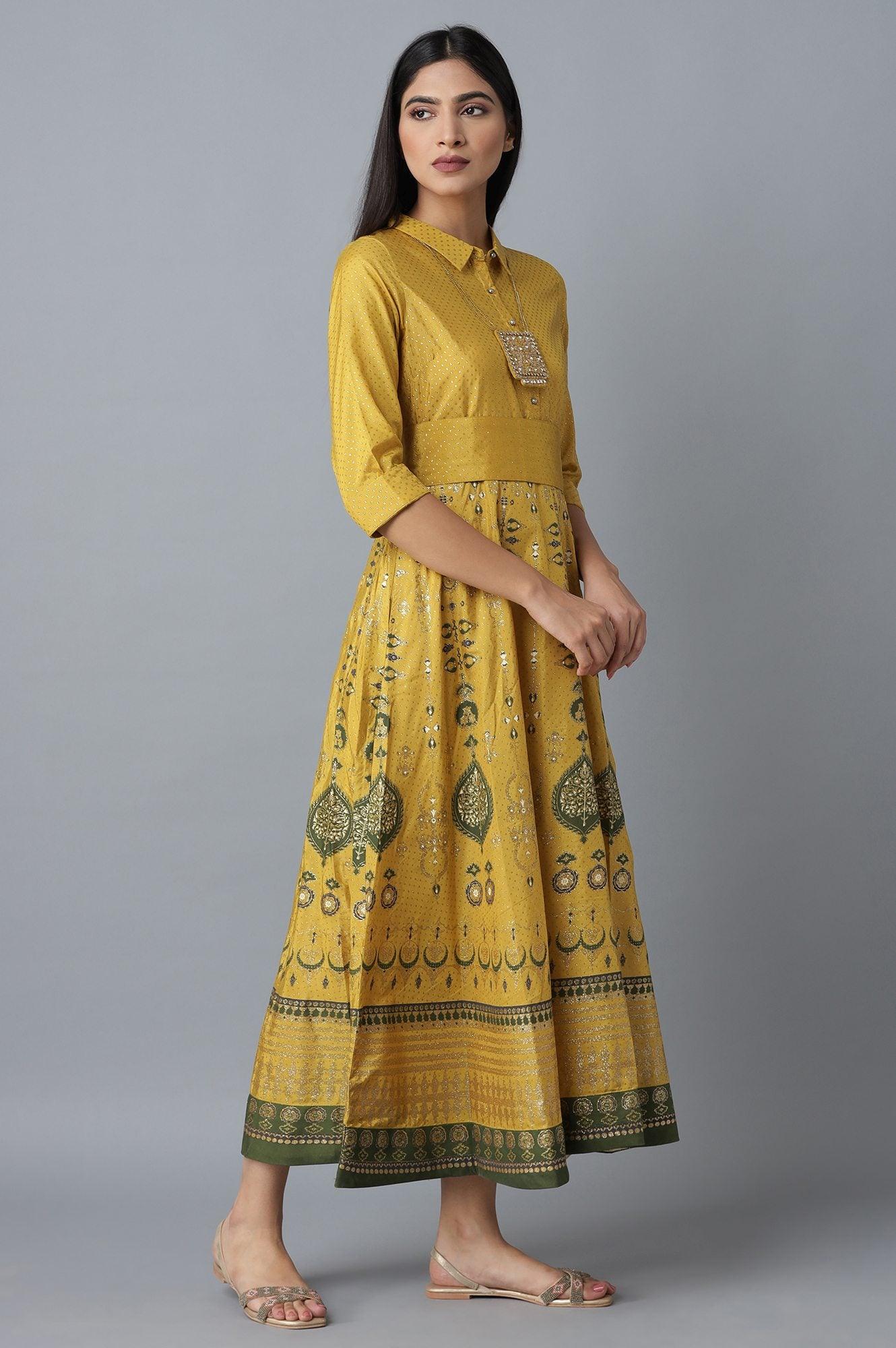 Mustard Printed Dress With Belt - wforwoman