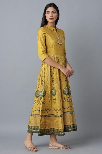 Mustard Printed Dress With Belt - wforwoman
