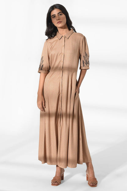 Tan Brown Shirt Dress with Embroidery - wforwoman