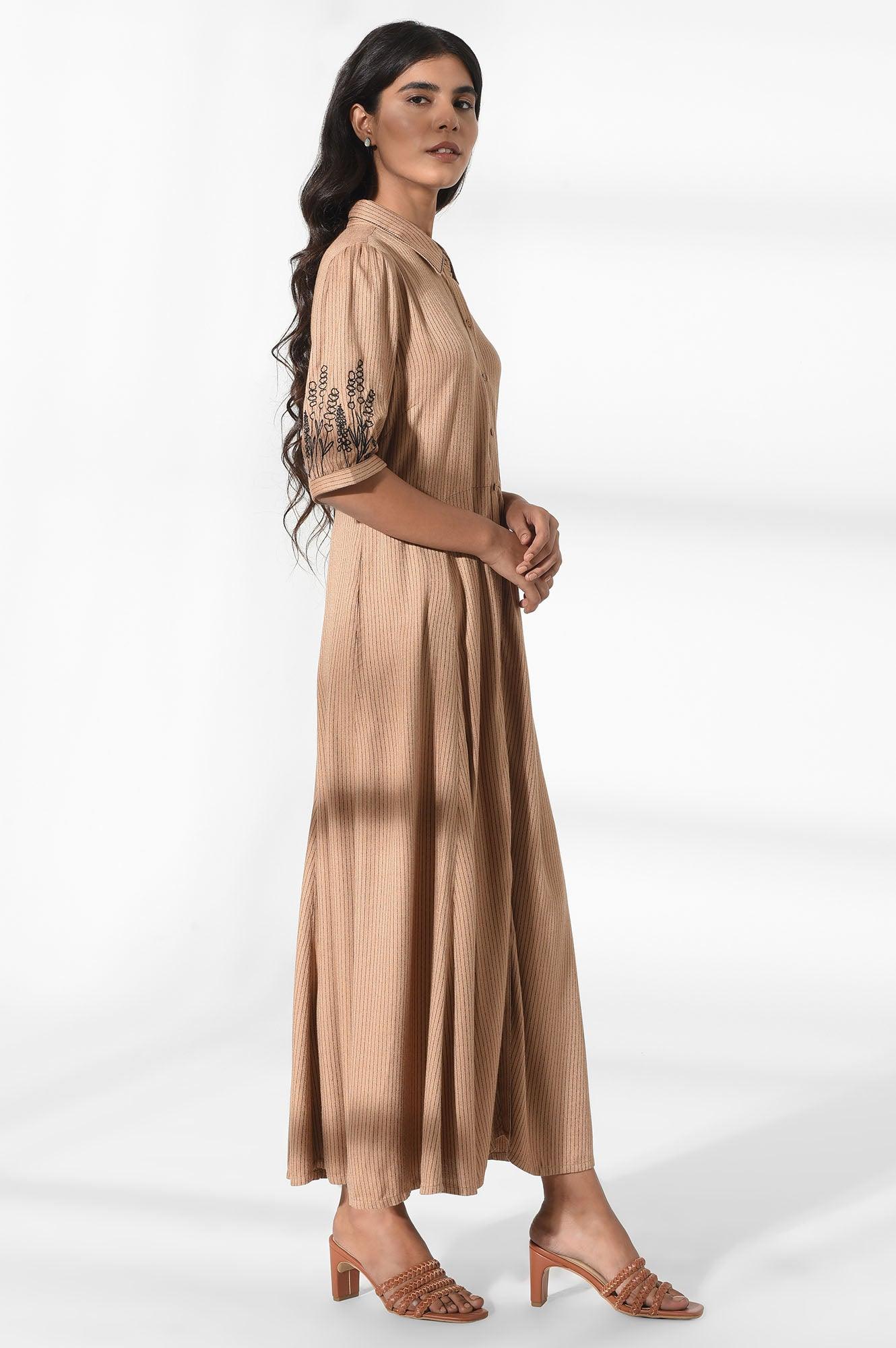 Tan Brown Shirt Dress with Embroidery - wforwoman