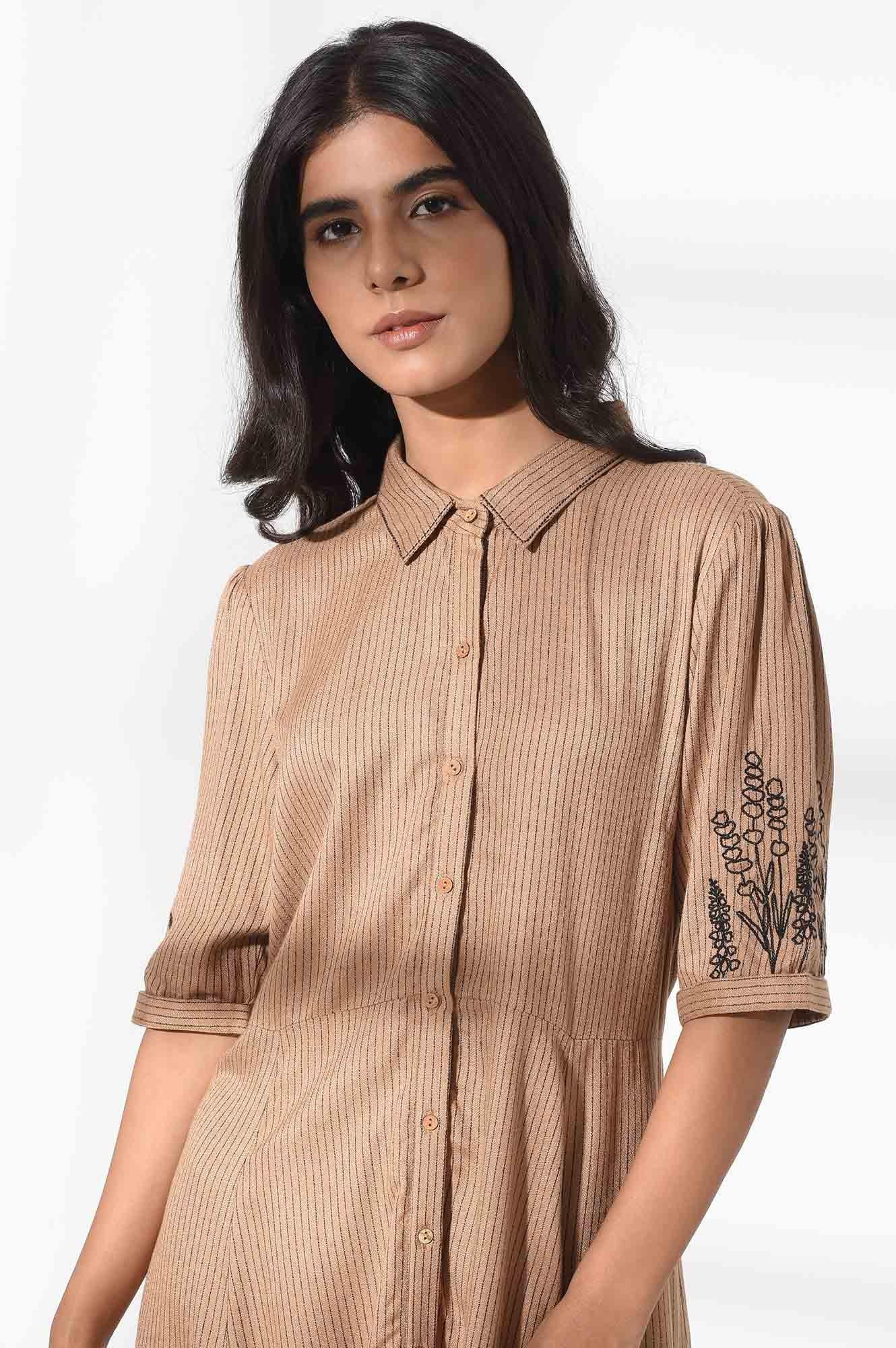 Tan Brown Shirt Dress with Embroidery - wforwoman