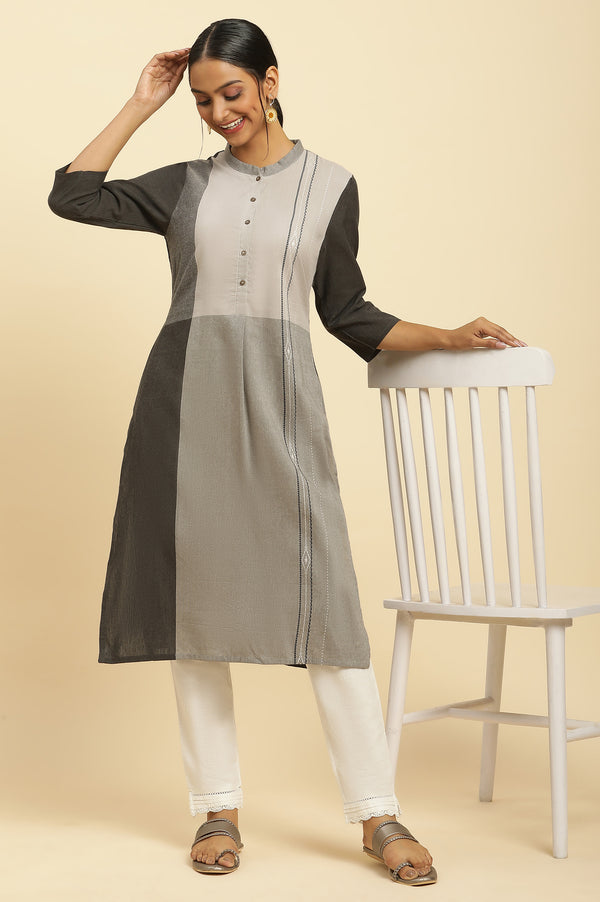 Grey Colourblock Button Down Straight Dobby Kurta