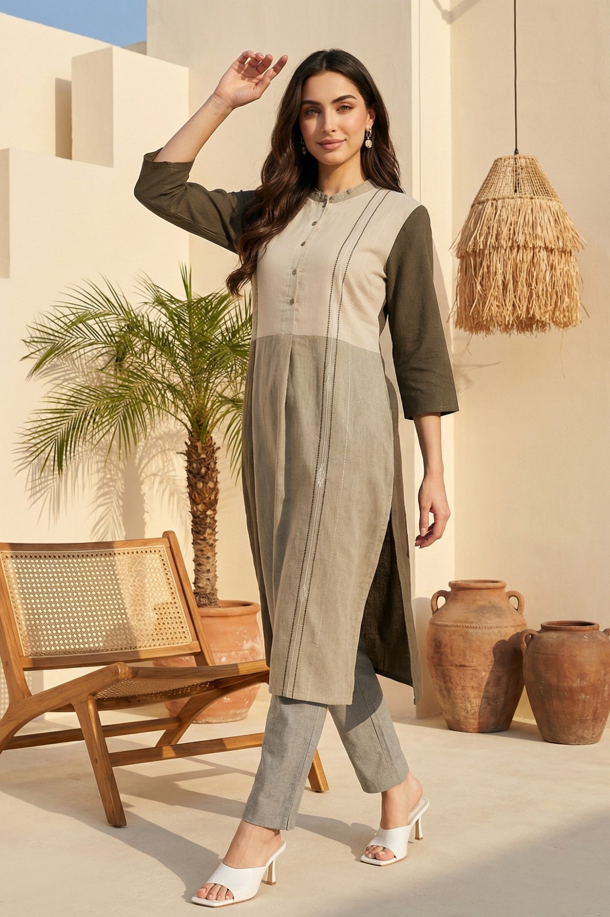 Grey Colourblock Button Down Straight Dobby Kurta