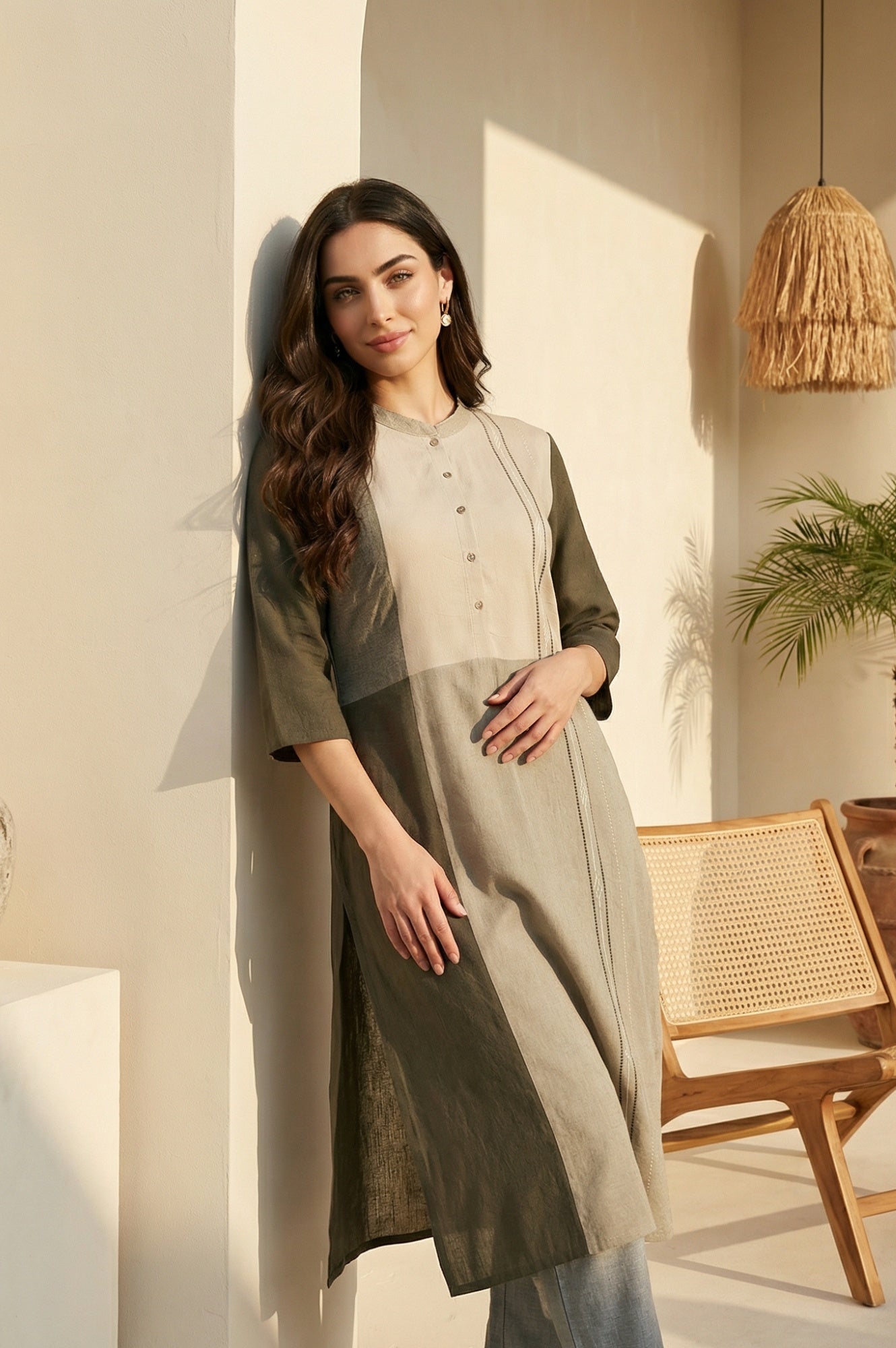 Grey Colourblock Button Down Straight Dobby Kurta