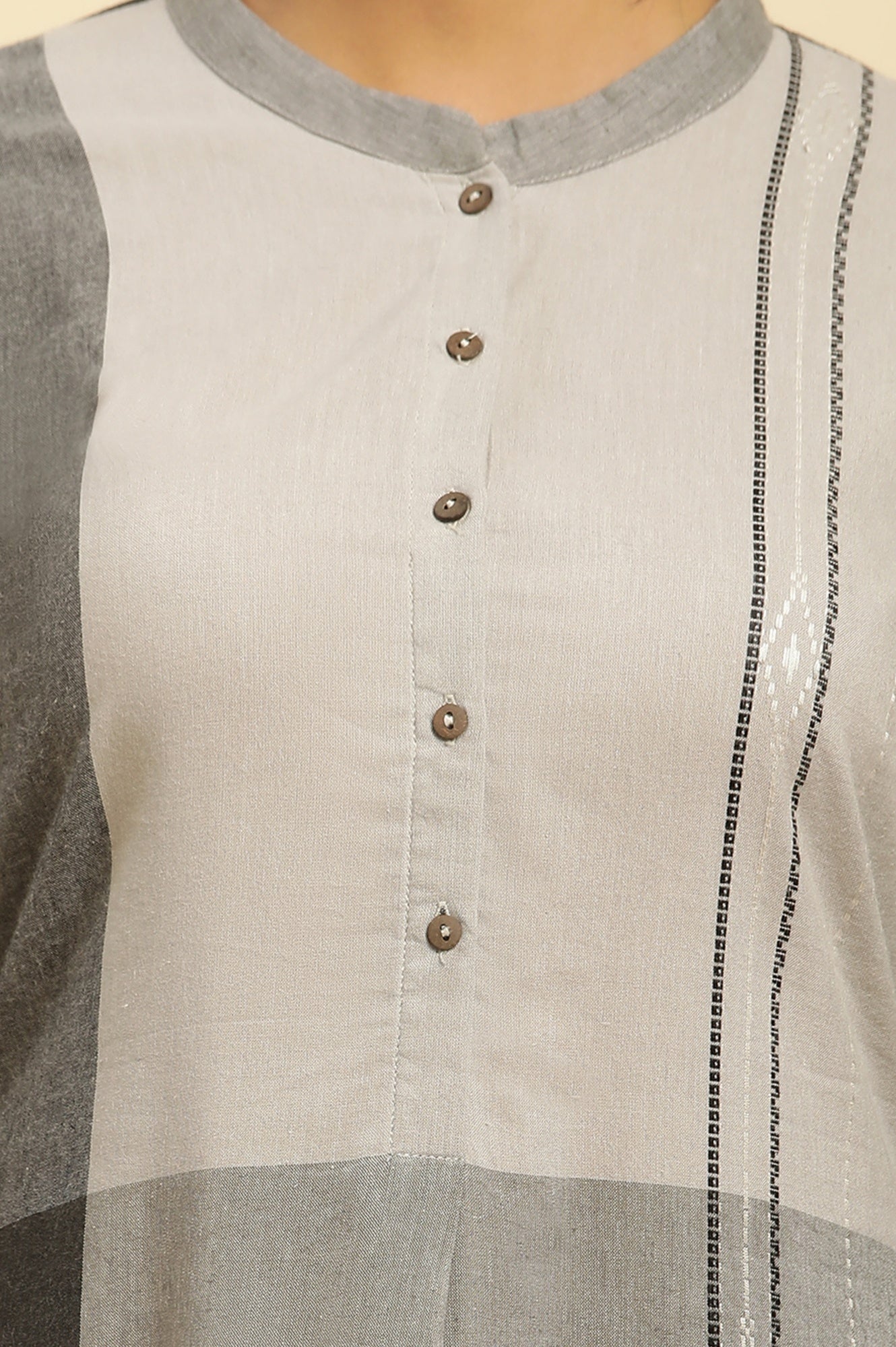 Grey Colourblock Button Down Straight Dobby Kurta