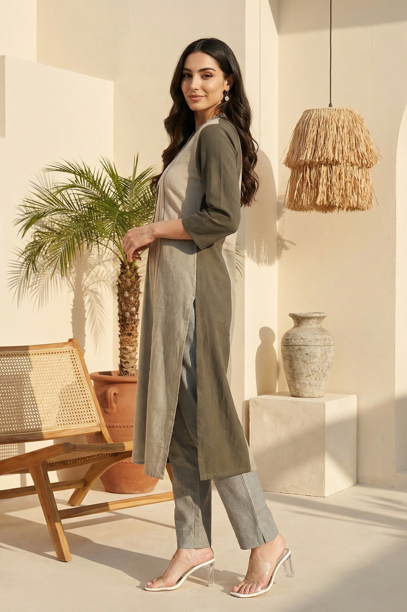 Grey Colourblock Button Down Straight Dobby Kurta