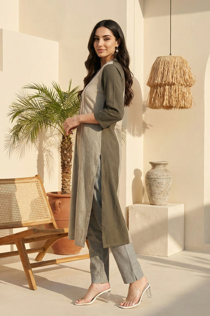 Grey Colourblock Button Down Straight Dobby Kurta