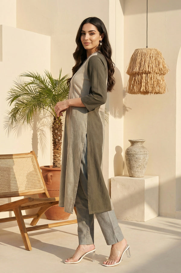 Grey Colourblock Button Down Straight Dobby Kurta