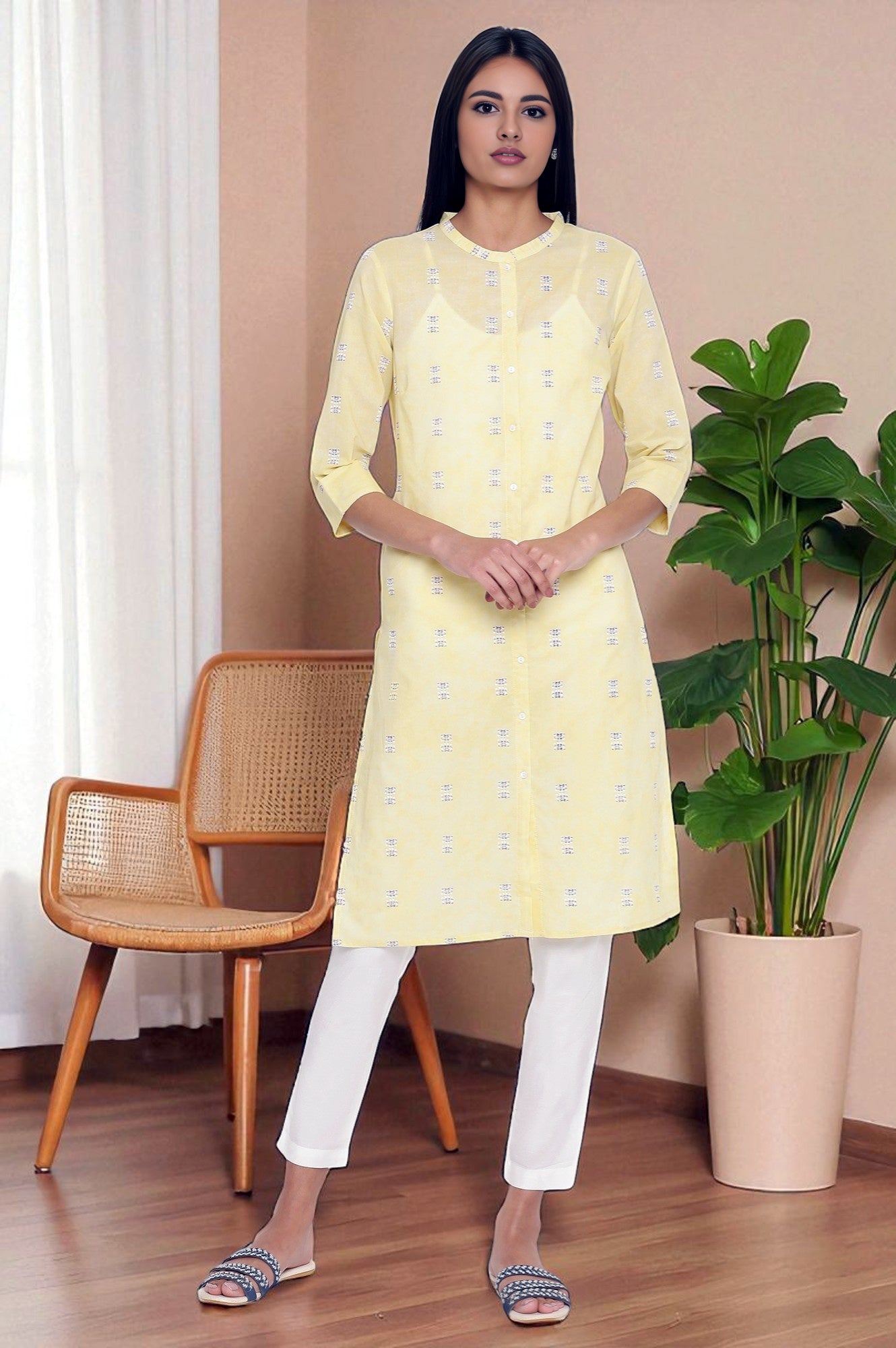 Yellow Geometric Printed Pure Cotton Mandarin Collar Straight Kurta