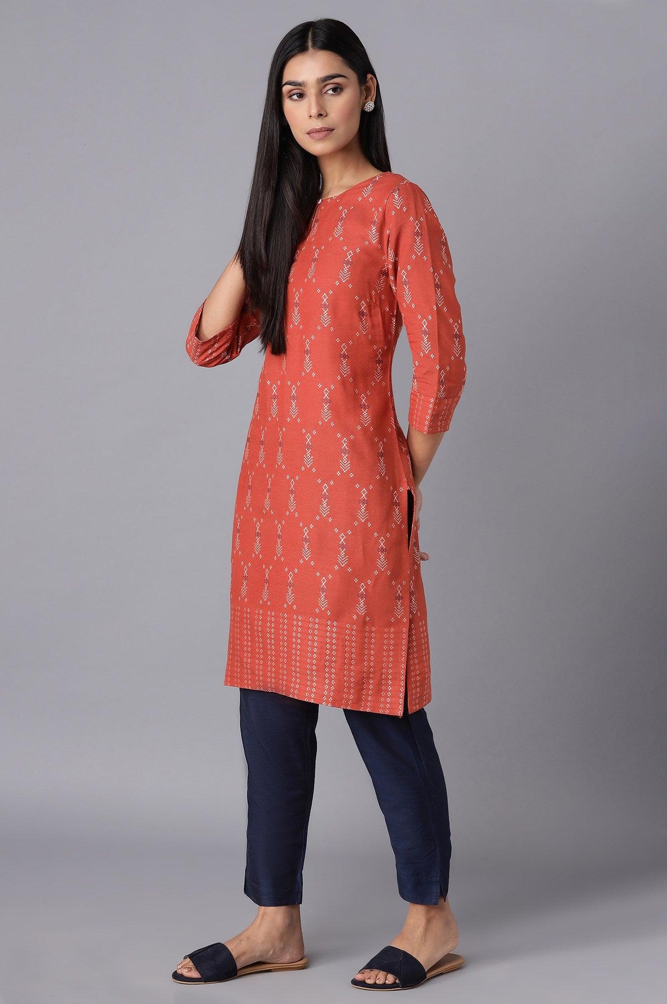 Rust Straight Dobby kurta - wforwoman